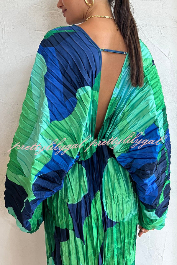 Tropical Oasis Capri Print Kimono Sleeve Pleated Cocoon Maxi Dress | Flowy Beach Cover Up & Summer Vacation Outfit for Women | Perfect for Pool Parties, Resort Wear & Boho Fashion