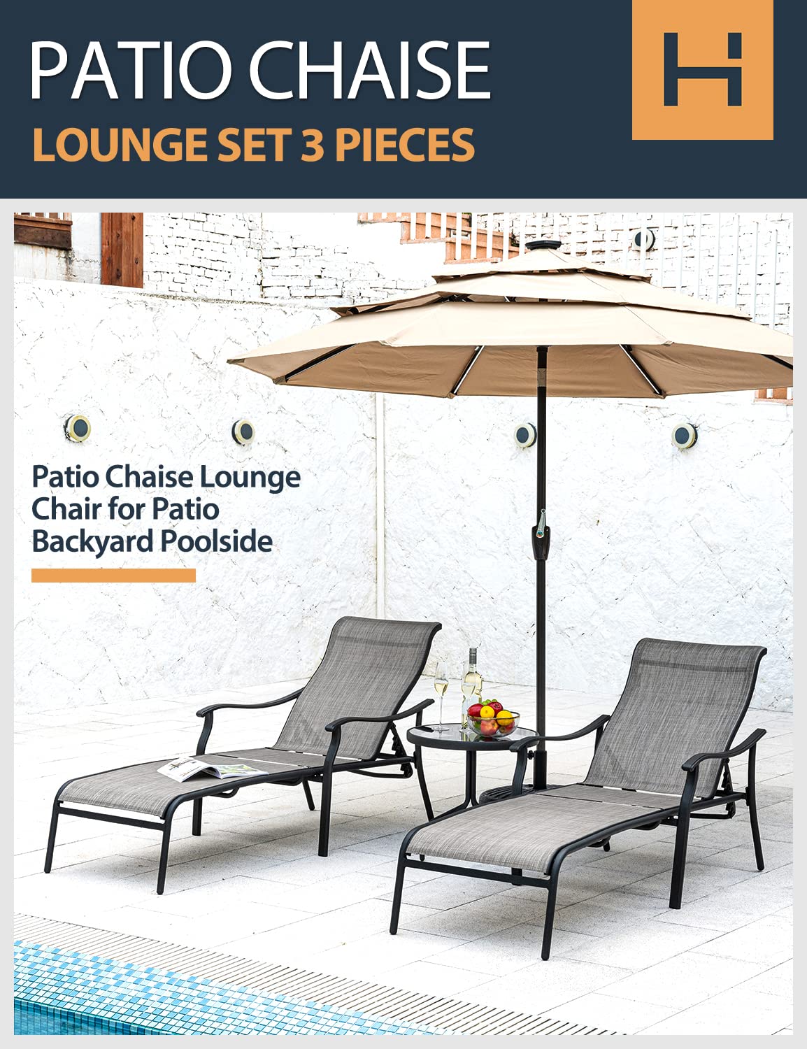 HAPPATIO 3-Piece Outdoor Furniture Set - Glass Top Coffee Table & Breathable Textilene Fabric Pool Lounge Chairs - Gray Patio Chaise Lounge for Backyard, Poolside Relaxation | Perfect for Sunbathing, Outdoor Entertaining & Garden Lounging