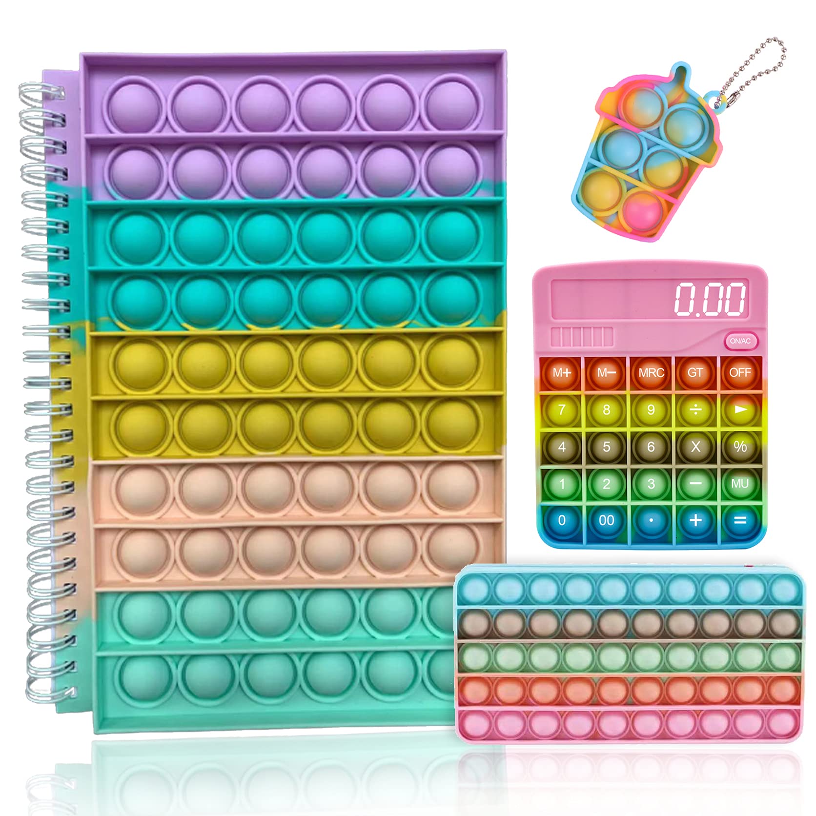 **Sensory Fidget Spiral Notebook Set with Bubble Keychain Popper & Pencil Cap - Stress Relief Toys for Kids, ADHD, Anxiety - School & Office Supplies (4-Pack, D6 Style) - Perfect for Classrooms, Study, and Focus Aid**