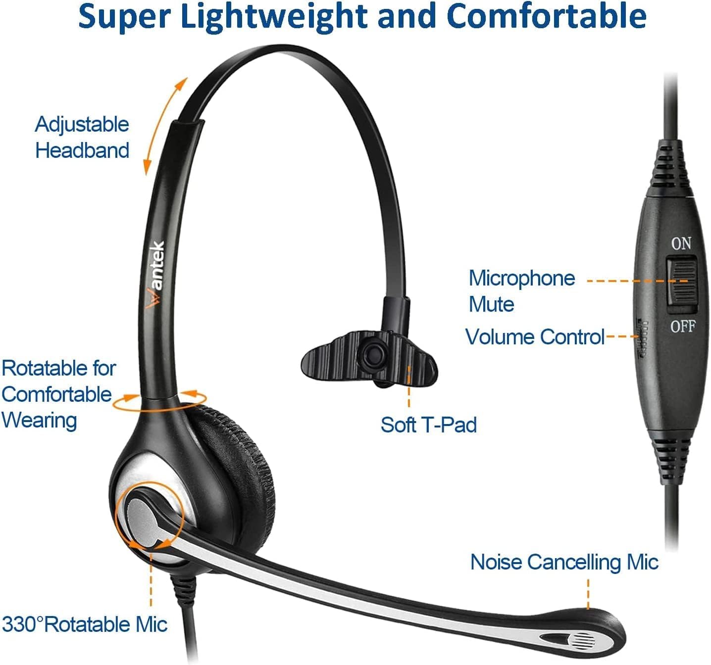 Wantek Noise Cancelling Headset with Microphone & Mute Switch - RJ9 Telephone Headset Compatible with Cisco 6851/6945/7841/7861/7942/7945/7961/7962/7965/8811/8841 Office Phones - Perfect for Call Centers & Remote Work
