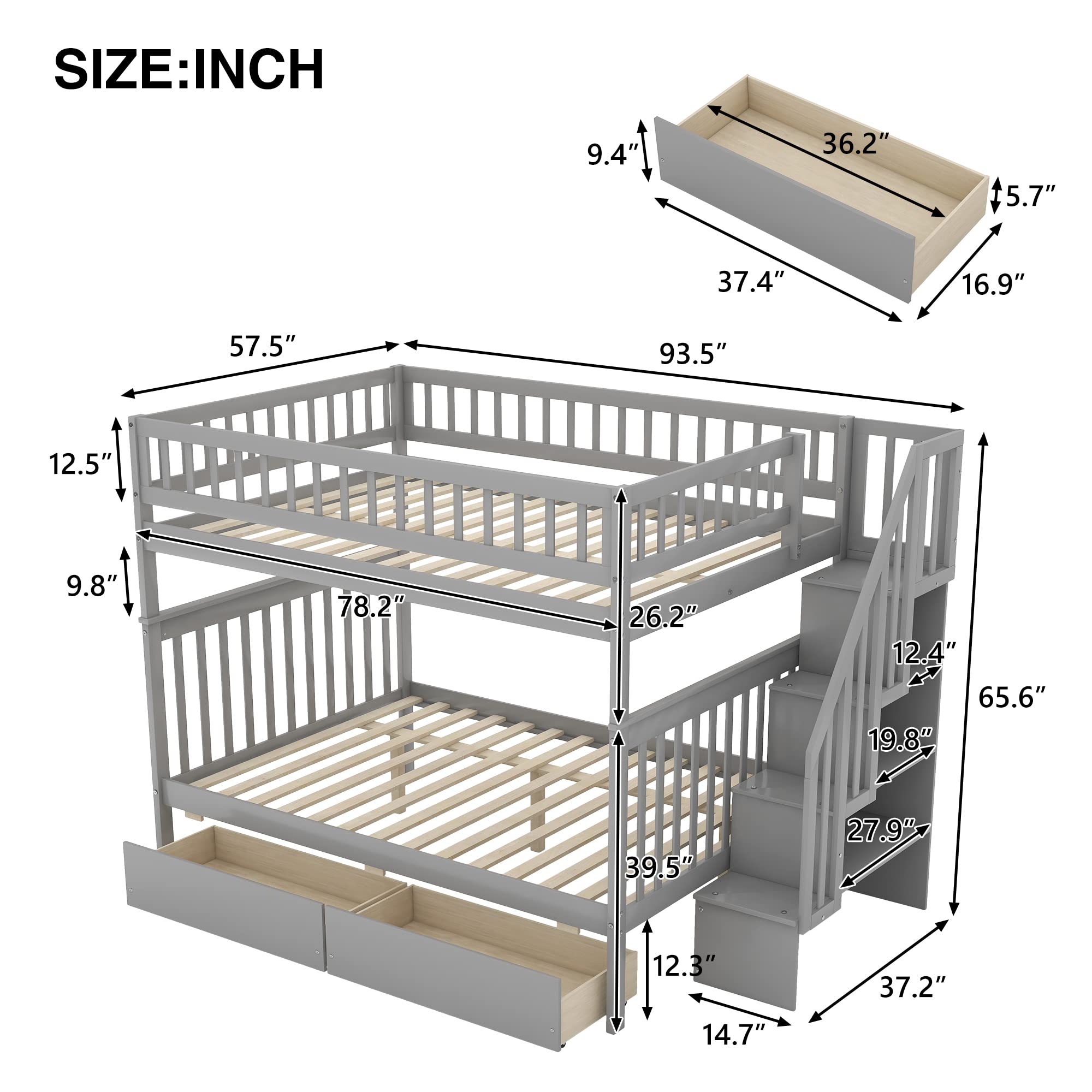 Harper & Bright Designs Full Over Full Bunk Bed with Stairs & Storage Drawers - Convertible Wooden Bunk Bed for Kids, Teens & Adults - Space-Saving Gray Bedroom Furniture for Small Rooms, Guest Rooms & Vacation Homes