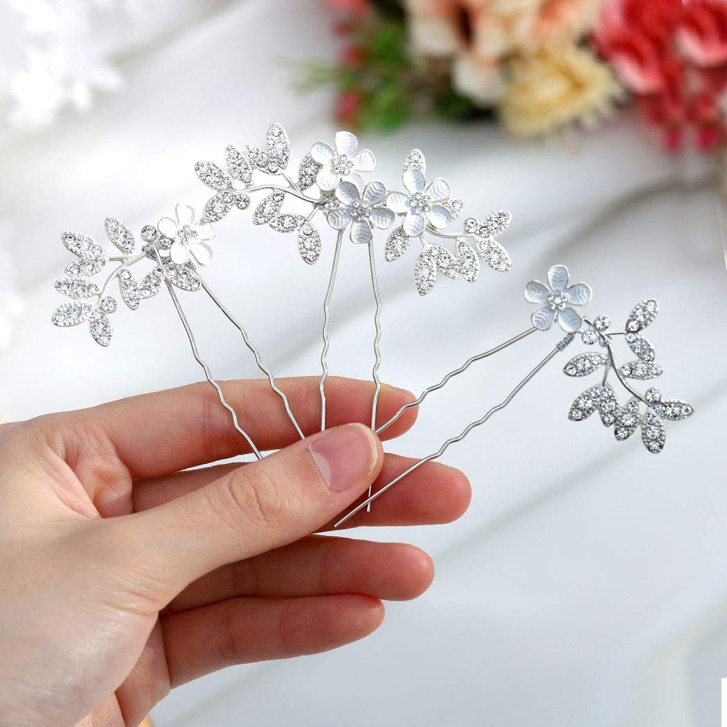 Elegant Silver Flower Bridal Hair Pins with Leaf Design - Pack of 3 | Wedding Hair Accessories for Women & Girls | Perfect for Brides, Bridesmaids & Special Occasions