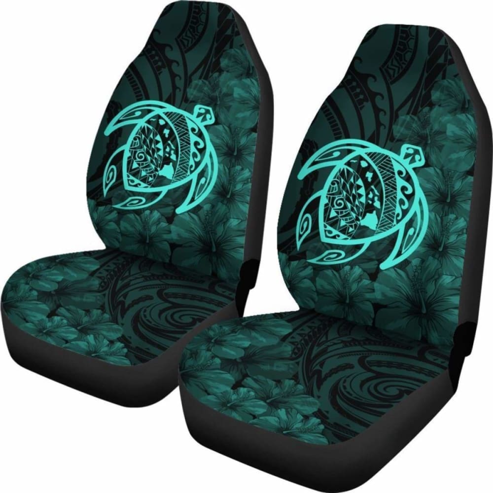 Premium Alohawaii Car Seat Covers - Hawaiian Turtle Map & Hibiscus Design, Polyester Fabric in Turquoise Blue - Perfect for Beach Trips & Tropical Themed Vehicles
