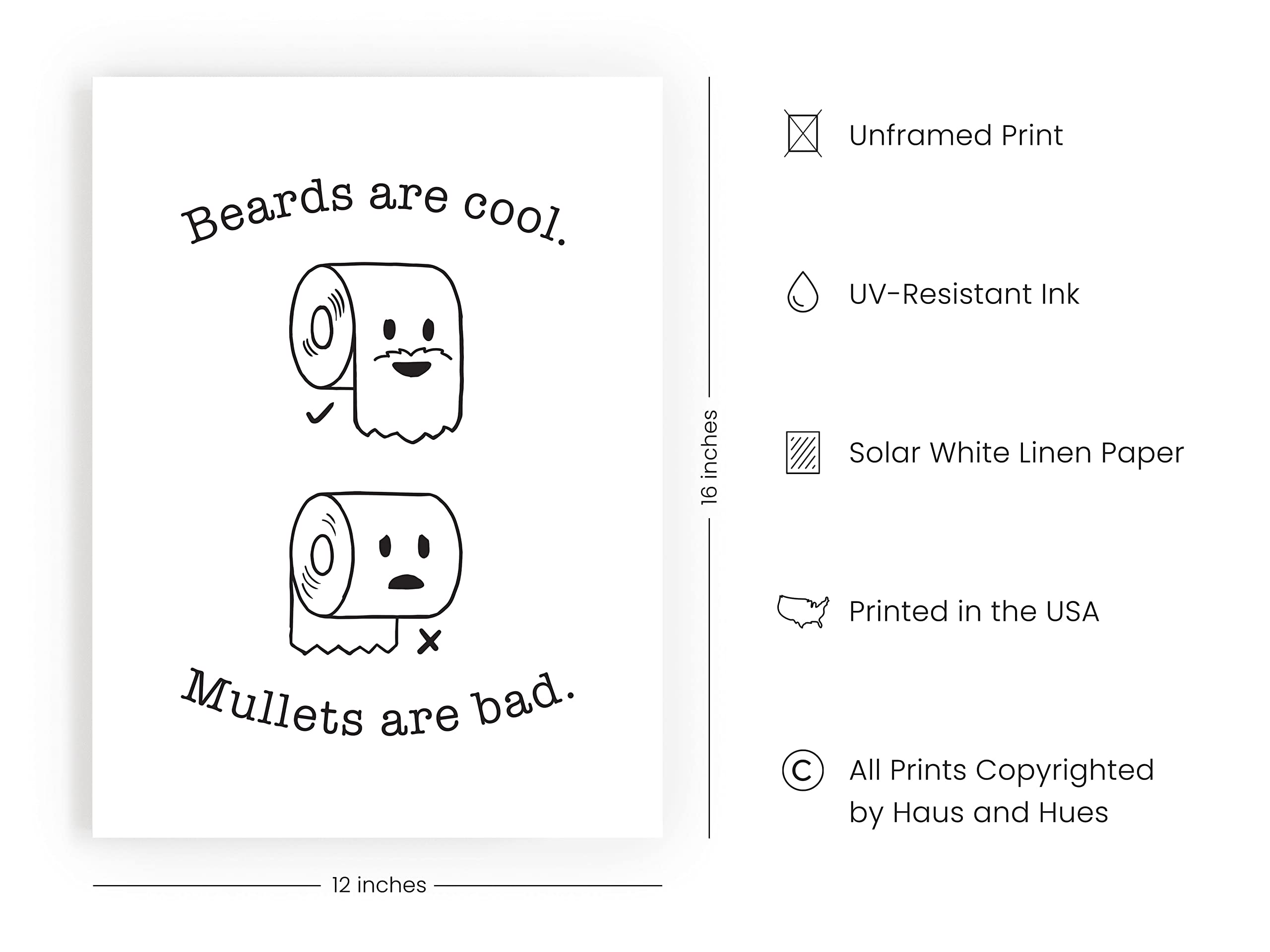 Funny Bathroom Wall Art - HAUS AND HUES Humorous Bathroom Signs & Prints | Black Framed 12x16 Bathroom Decor with Beard/Mullet Design - Perfect for Powder Rooms, Guest Baths & Man Cave Decor
