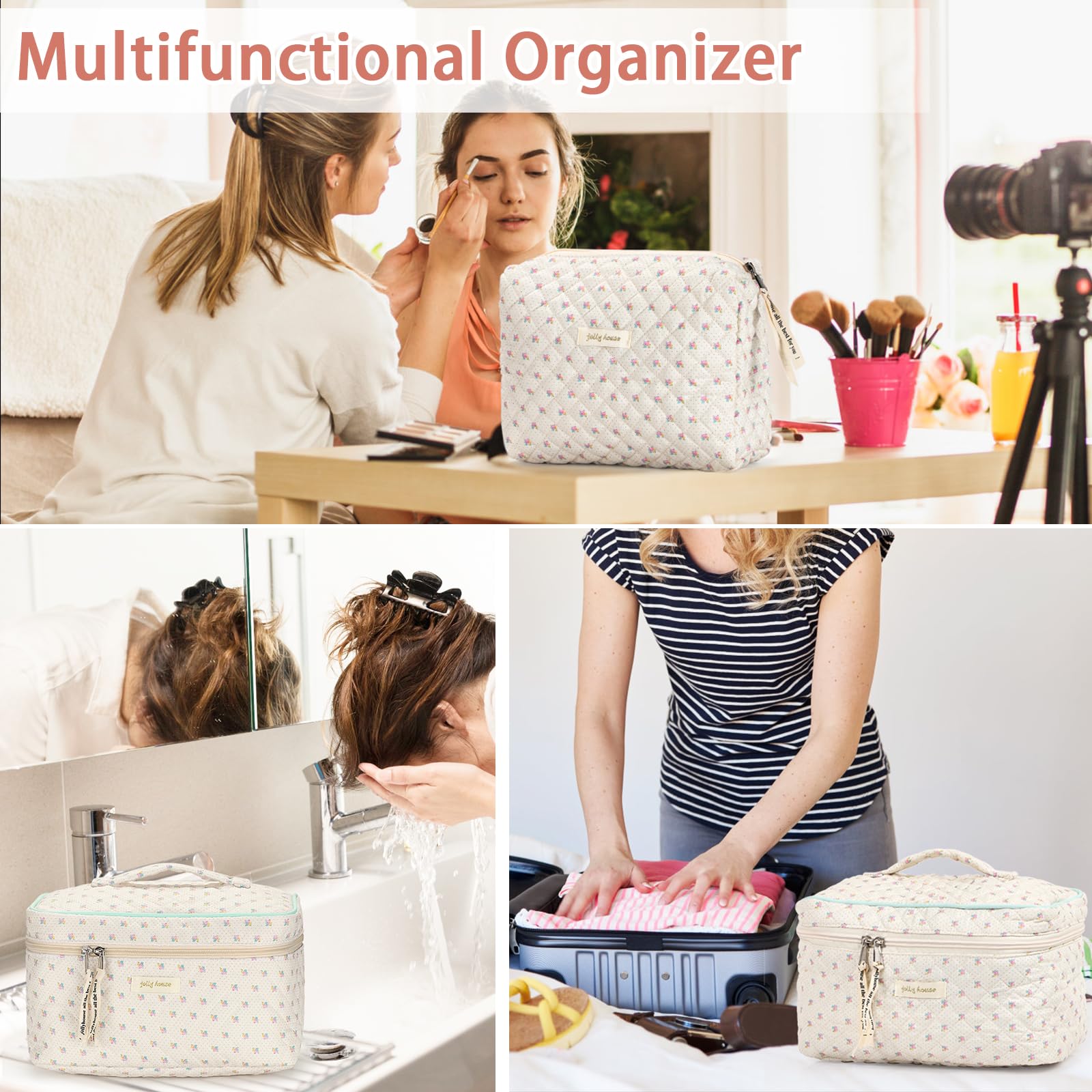 Sightor Large Cotton Quilted Makeup Bag with Handle - Cute Floral Cosmetic Toiletry Bag for Women, Travel Organizer, Perfect for Travel, Gym, and Daily Use