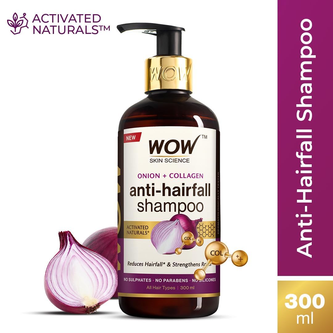 WOW Skin Science Onion & Collagen Shampoo for Hair Growth - Strengthens Roots, Nourishes Scalp, Prevents Breakage - Thickens & Adds Shine - 300ml Sulfate-Free Formula - Perfect for Damaged, Thin & Frizzy Hair at Home or Salon Use