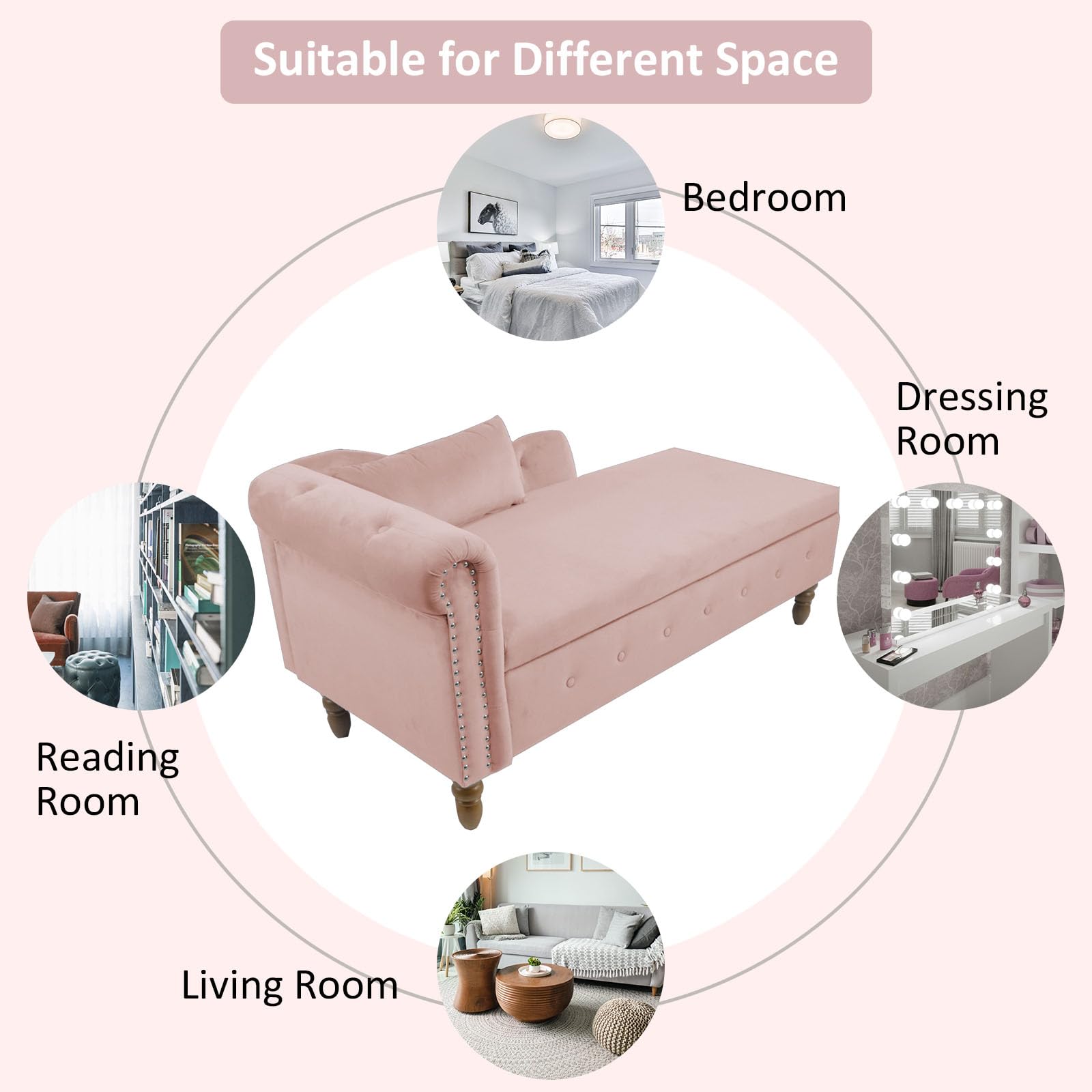 Velvet Chaise Lounge with Storage - Pink Sleeper Chair for Bedroom & Living Room