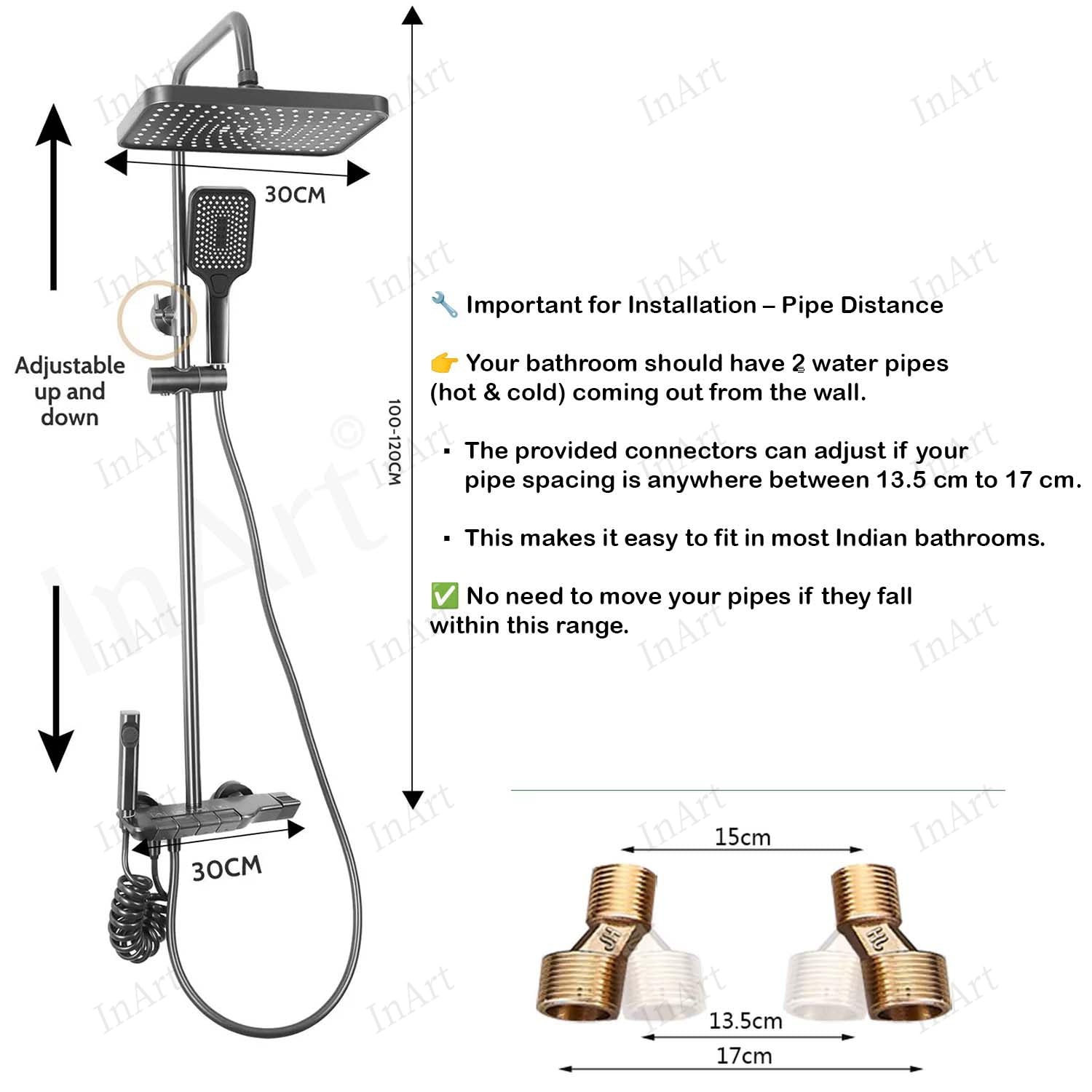 InArt Wall Mixer Shower Panel - SS304 Stainless Steel Thermostatic Shower System with Rainfall & Waterfall Modes, Gun Grey Finish, Easy Installation (Complete Set) - Perfect for Modern Bathrooms & Spa-Like Shower Experience