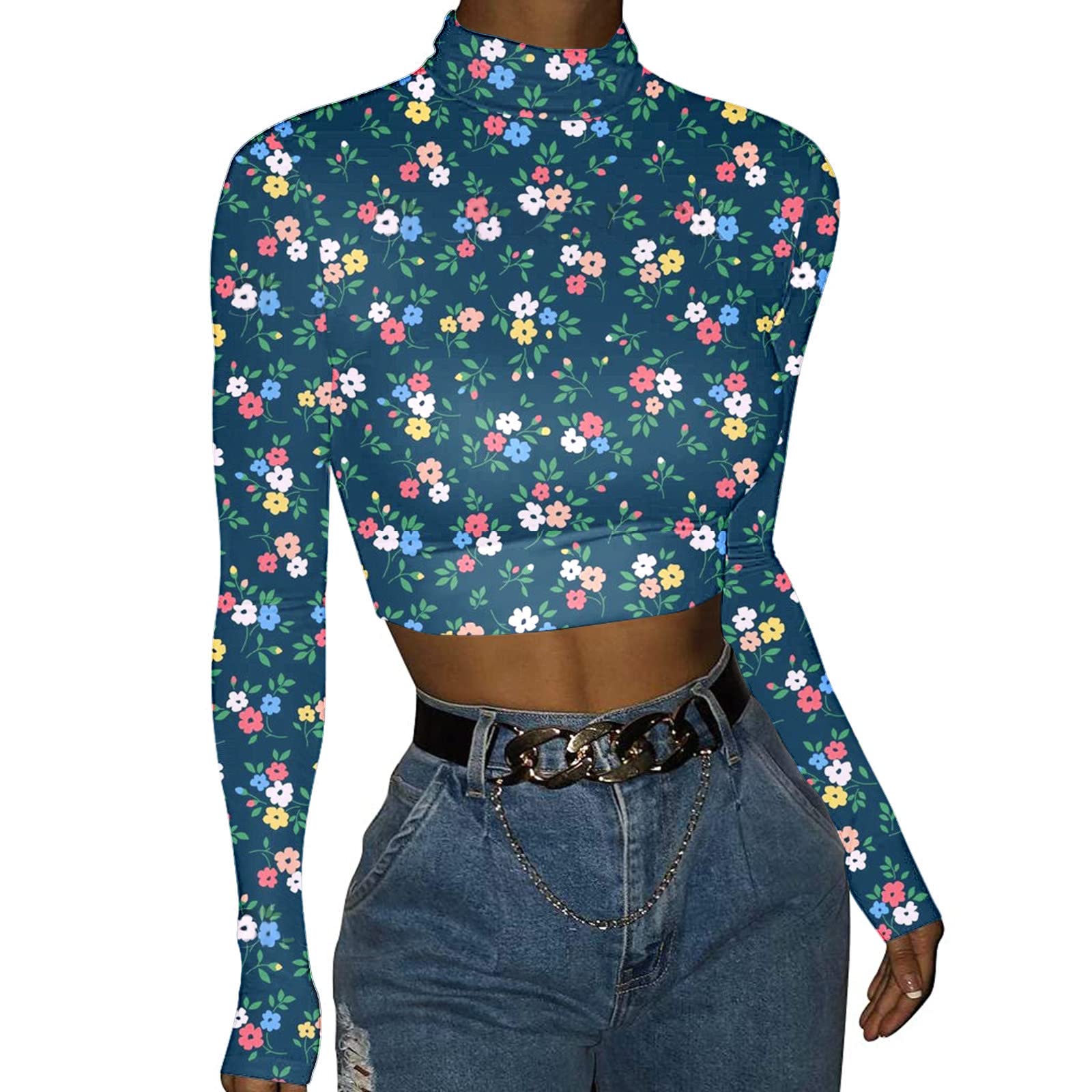 Women's Long Sleeve Crop Top Turtleneck - Floral & Leopard Print Camouflage Sexy Blouse for Casual Wear, Night Out, and Street Fashion