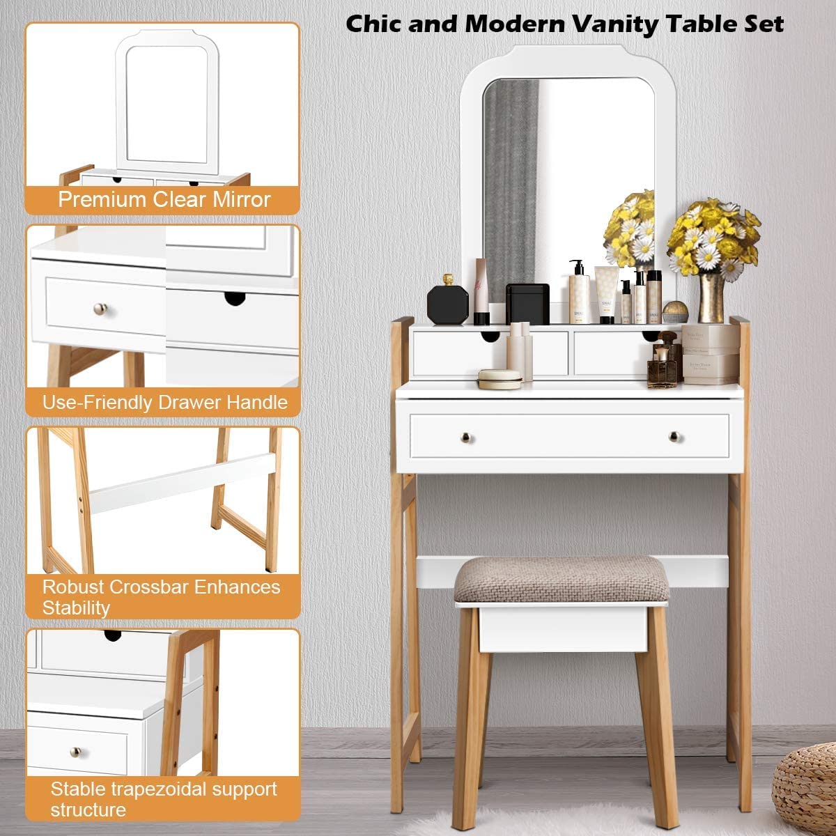 MAT EXPERT Vanity Desk Set with Mirror and Drawers - Chic White Dressing Table with Padded Stool, Makeup & Skincare Organizer, 2-Tier Tabletop & Large Mirror - Perfect for Bedroom, Dressing Room & Makeup Studio