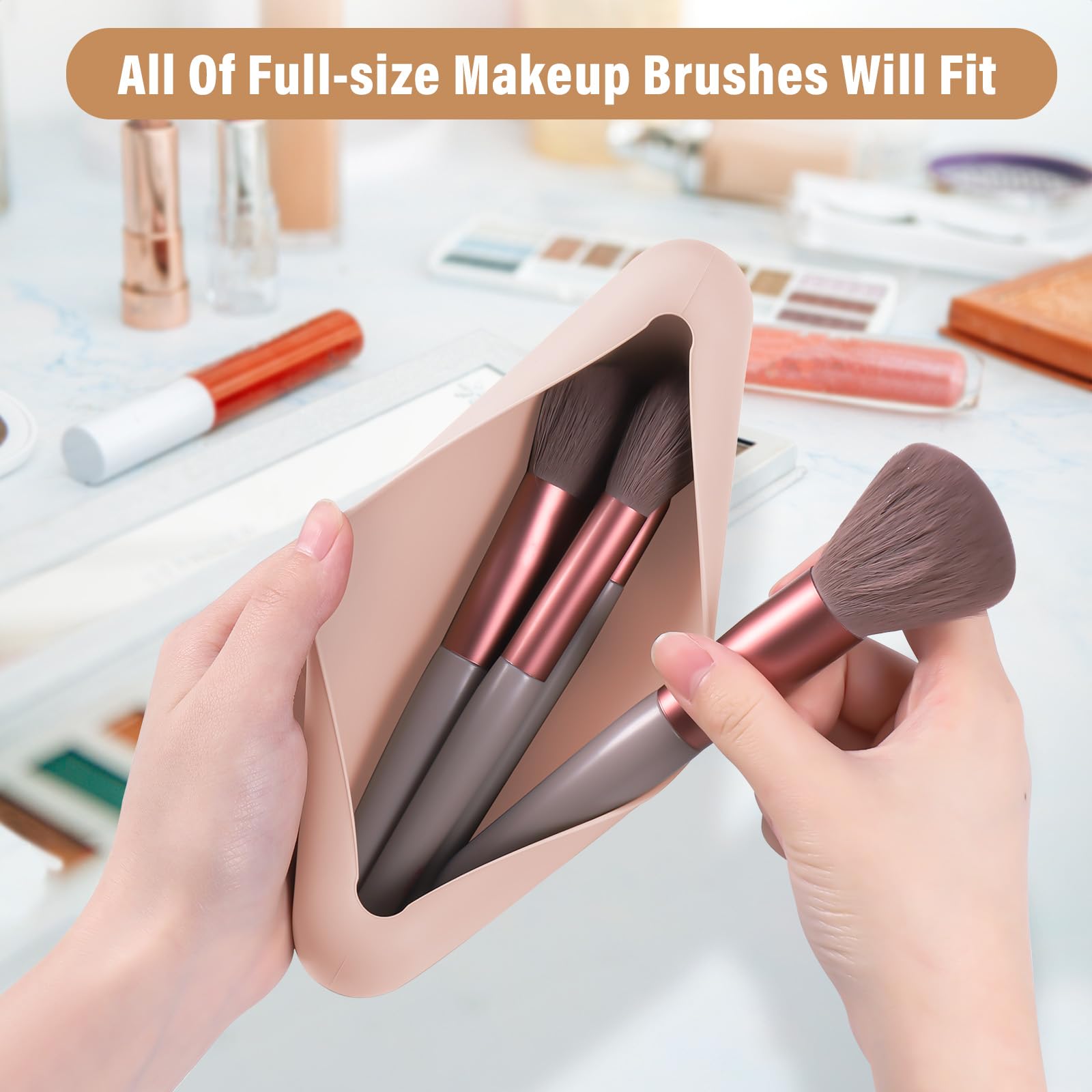 JIZZU 3-Piece Silicone Makeup Brush Holder Set - Travel-Friendly Cosmetic Organizer with Clear TSA-Approved Liquids Bag | Portable Makeup Brush & Sponge Case for Business Trips, Vacations & Daily Use (Pink)