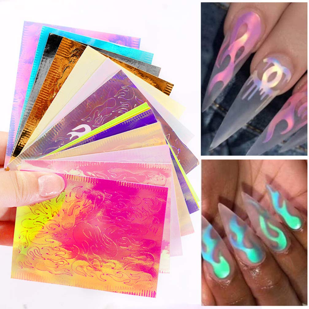 Lurrose Holographic Flame Nail Stickers - 16 Sheets Fire Nail Art Decals, DIY Nail Foils & Adhesive Stencils for Manicure - Perfect for Parties, Halloween, and Festive Nail Designs