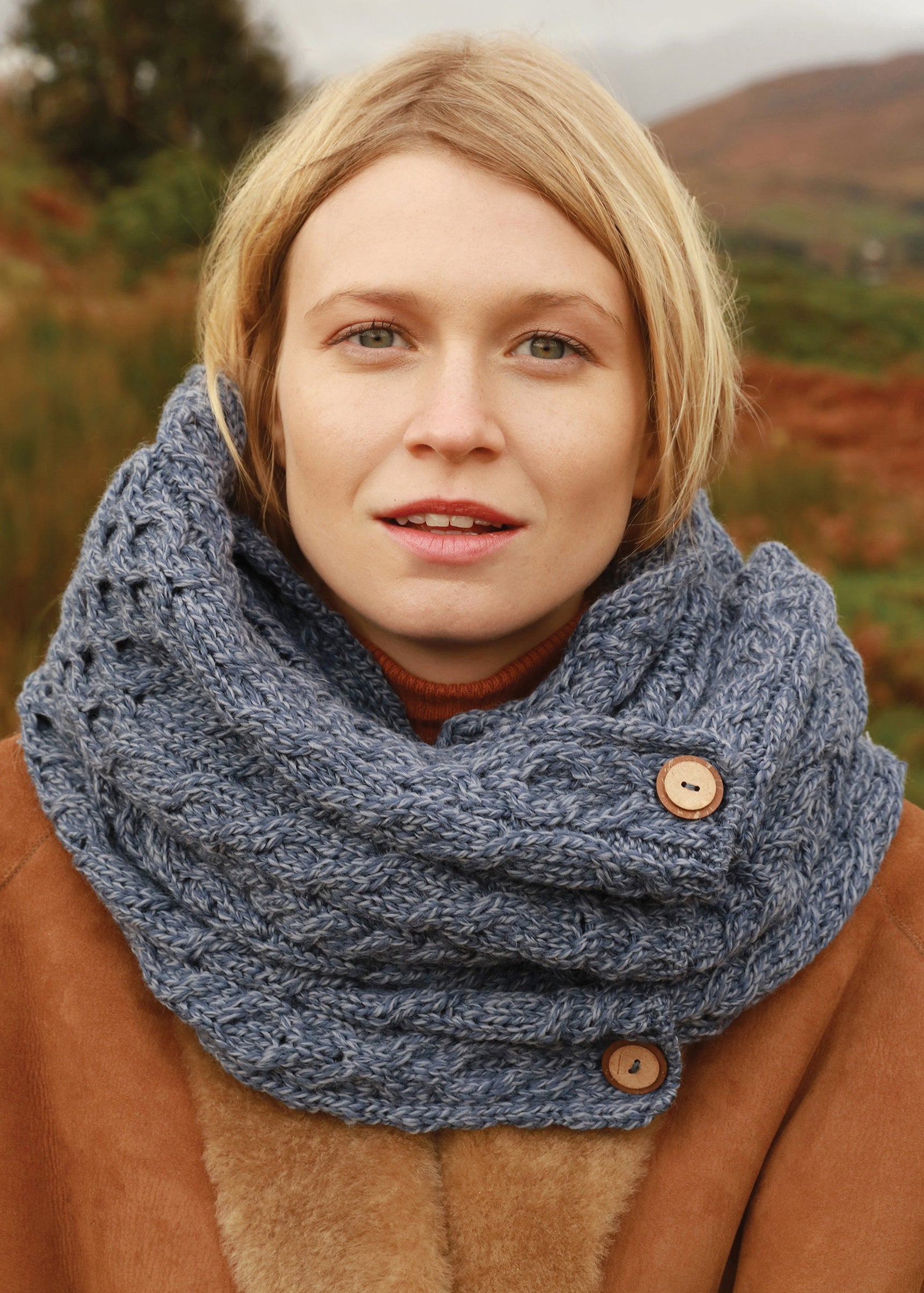 Aran Buttoned Snood Scarf - Soft Wool Knit Wrap for Women & Men | Denim Blue Winter Accessory | Perfect for Cold Weather, Outdoor Activities & Fashion Layering