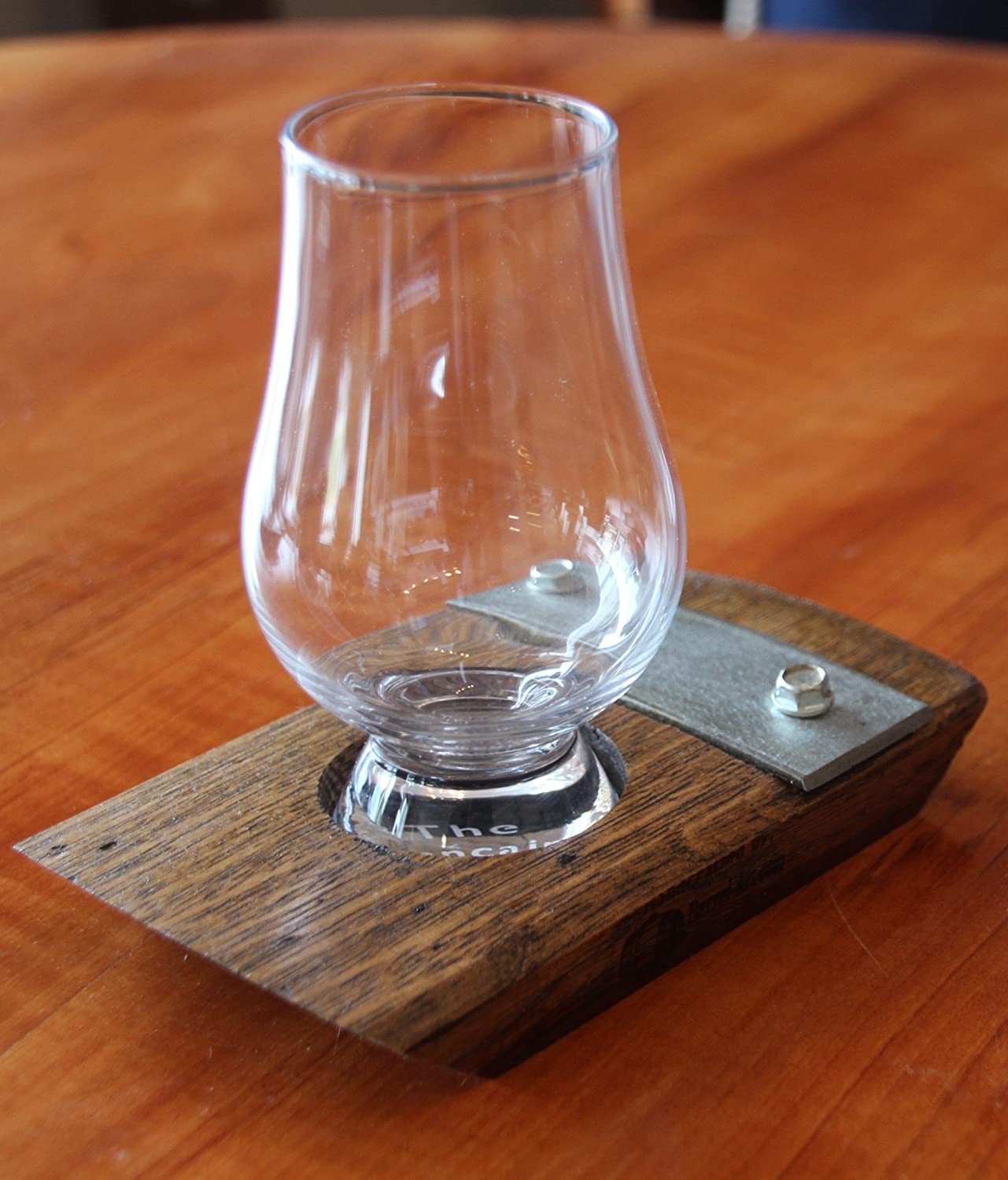 Premium Whiskey Coasters Set - Barrel Stave Bourbon Scotch Coaster with Glencarin Glass & Galvanized Steel Holder, Dark Walnut Wood - Perfect for Home Bar, Man Cave & Whiskey Tasting Gifts
