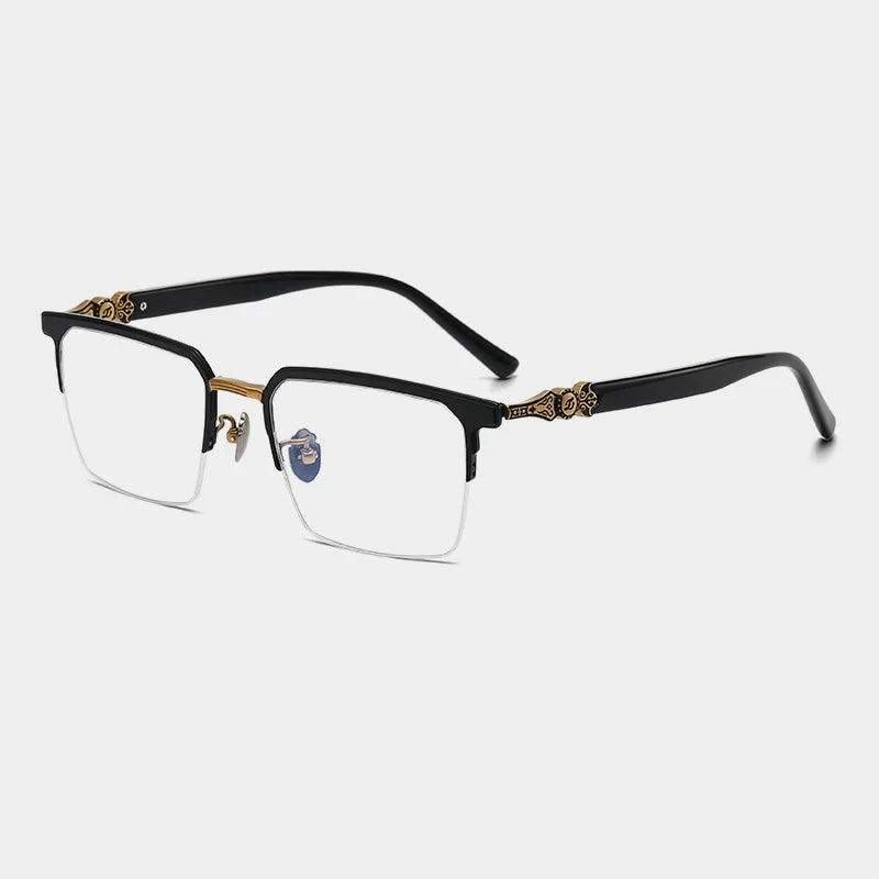 Unisex Black Semi-Rim Square Titanium Eyeglasses Frame 46860 - Lightweight & Durable for Work, Reading & Fashion