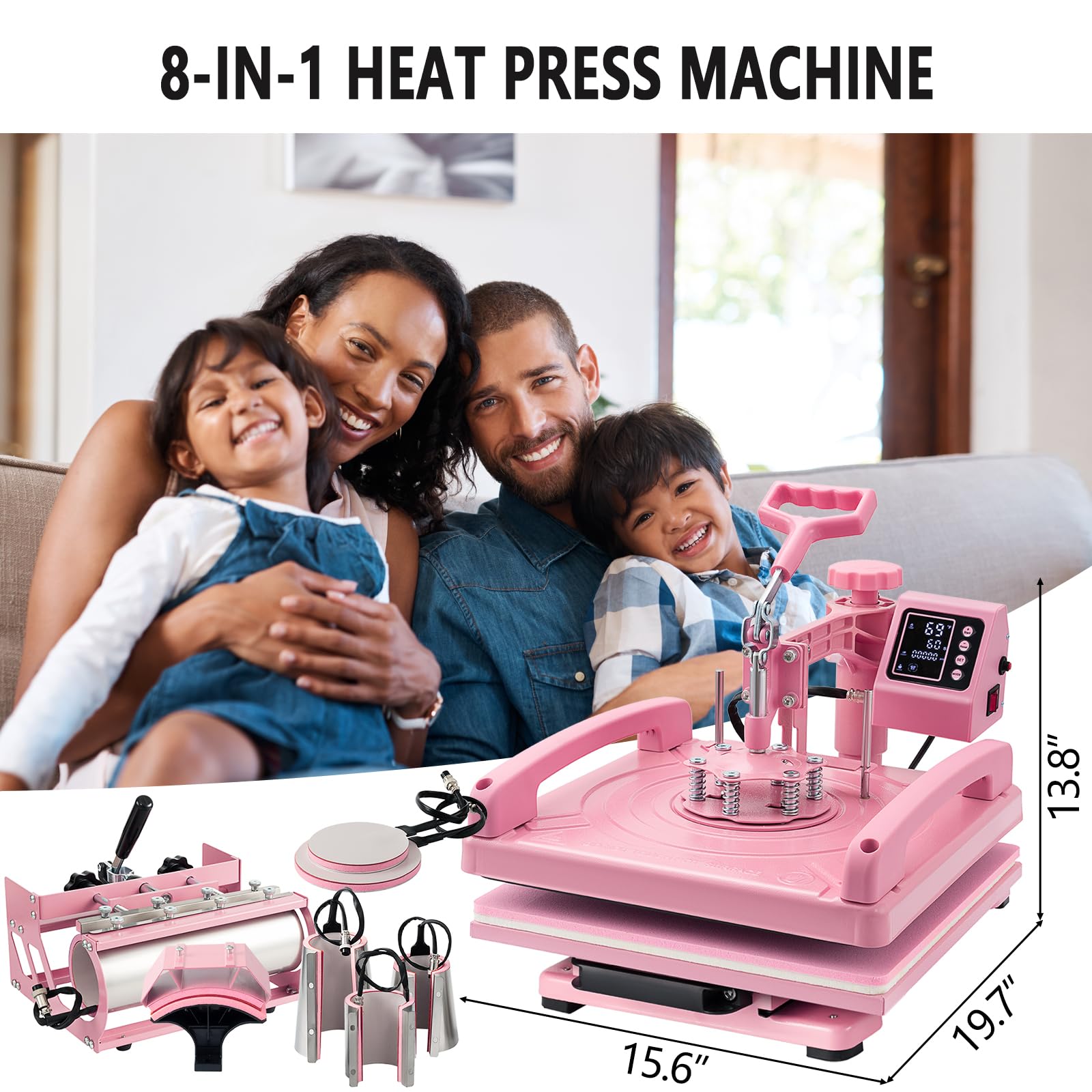 8 in 1 Heat Press Machine 15x15 Inch - Digital T-Shirt, Hat, Mug & Plate Heat Transfer Press with 360° Swing Away & 30OZ Tumbler Press (Pink) - Perfect for DIY Custom Apparel, Sublimation Projects & Small Business Printing