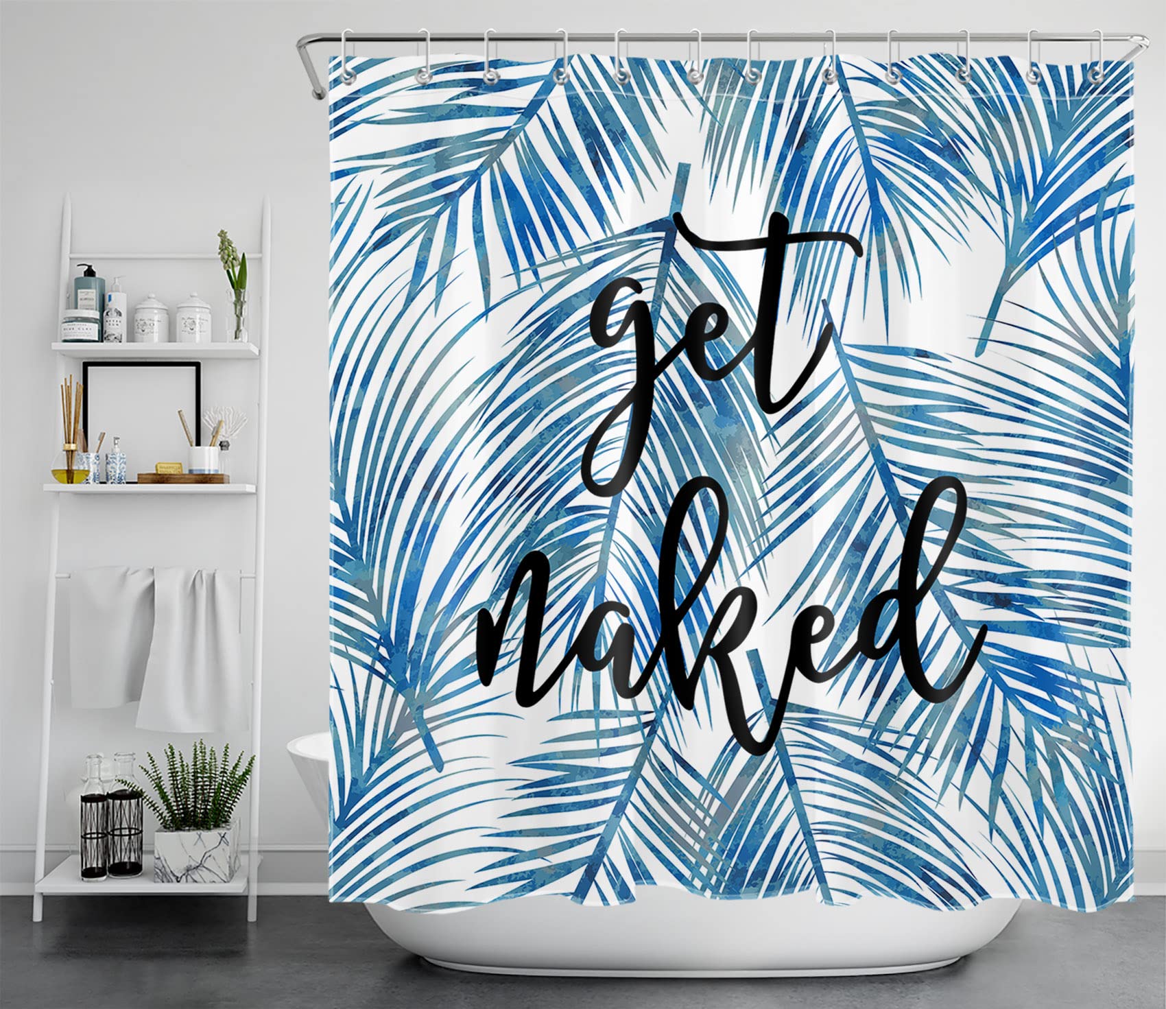 Funny Get Naked Shower Curtain - Blue Palm Leaf Tropical Jungle Design, 72x72 Inch Bathroom Decor with 12 Hooks | Waterproof Polyester Fabric for Bath Tub, Beach House & Boho Style Bathroom Decorations