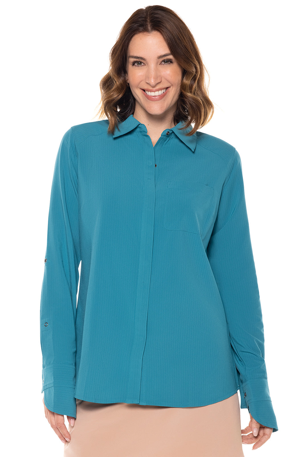 Women's Amara Smart Shirt - Tahitian Teal Shadow Stripe Wrinkle-Free Blouse | Perfect for Office Wear, Business Casual & Travel Outfits