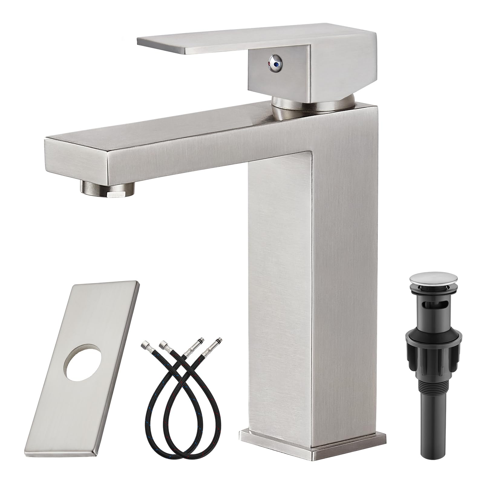 Premium SUS304 Stainless Steel Single Handle Bathroom Sink Faucet - 1 Hole Deck Mount Basin Mixer Tap with Drain - Brushed Nickel Finish for Vanity & Lavatory - Perfect for Modern Bathrooms & Powder Rooms