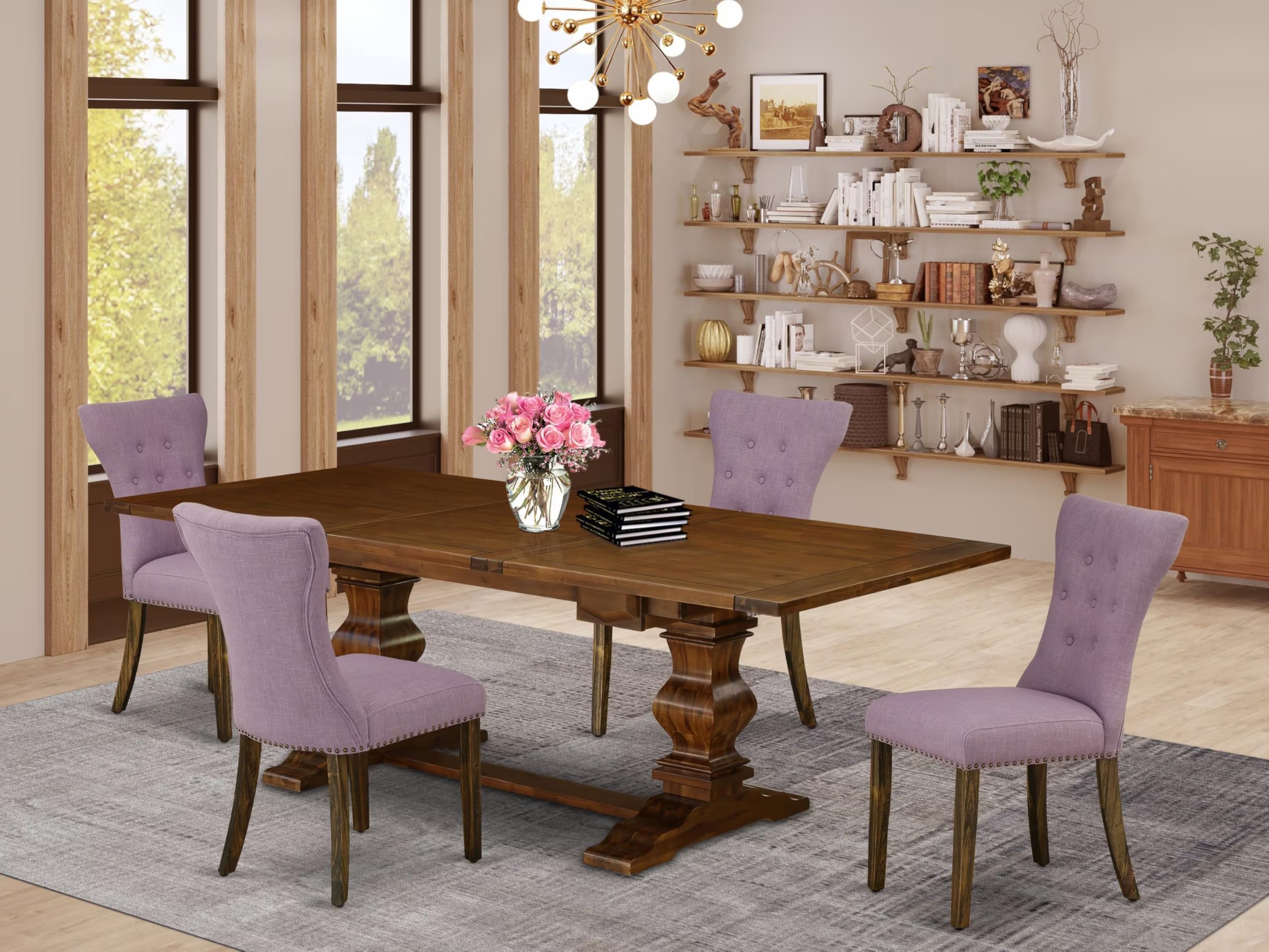 East West Furniture 5-Piece Dining Room Set with Rectangle Table & 4 Fabric Chairs - 42x92 Inch Walnut Kitchen Table Set with Extendable Leaf - Perfect for Family Meals, Dinner Parties & Small Space Dining