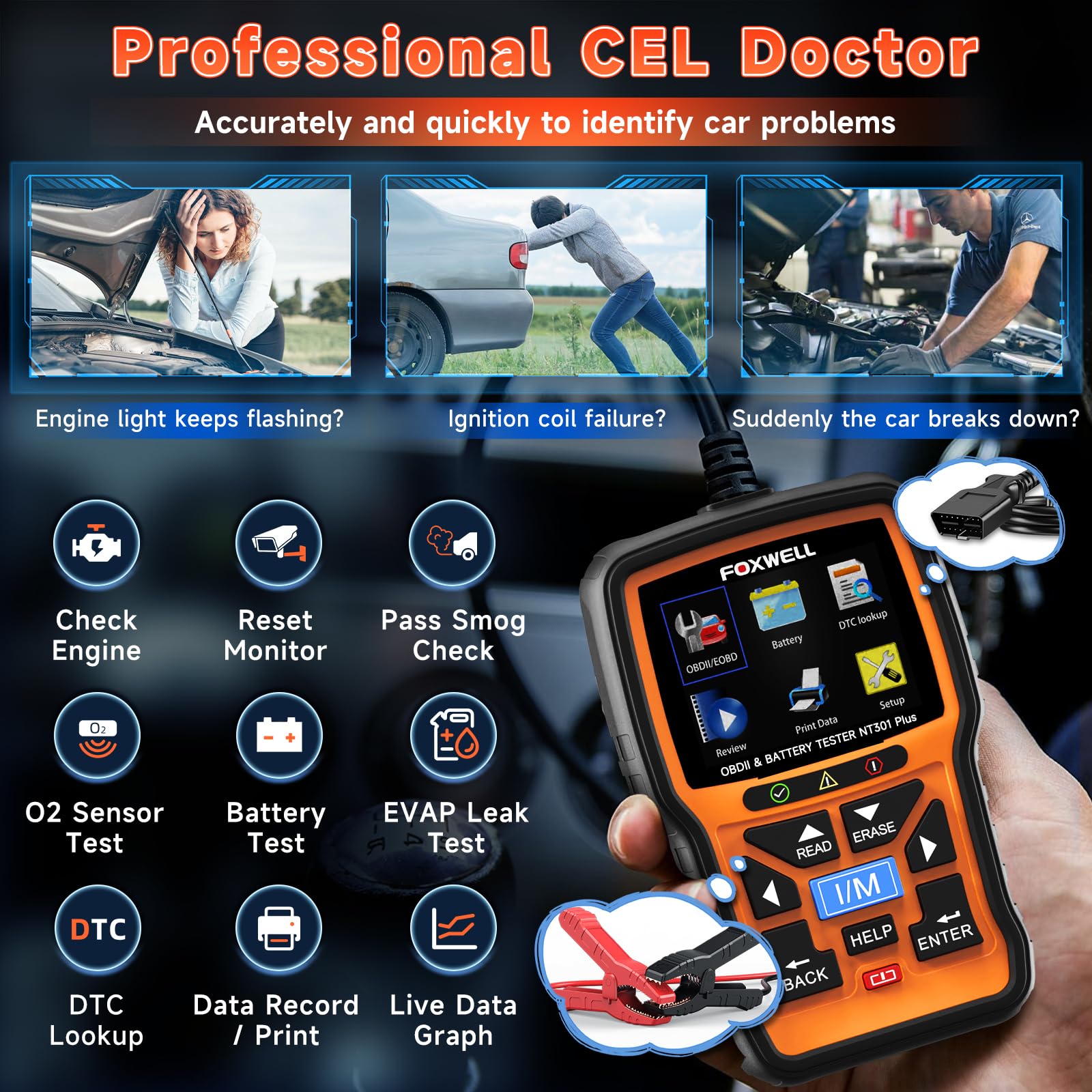 FOXWELL BT100 Pro 12V Car Battery Tester - Automotive Digital Battery Analyzer with NT301 Plus OBD2 Scanner - Perfect for Vehicle Maintenance & Diagnostics