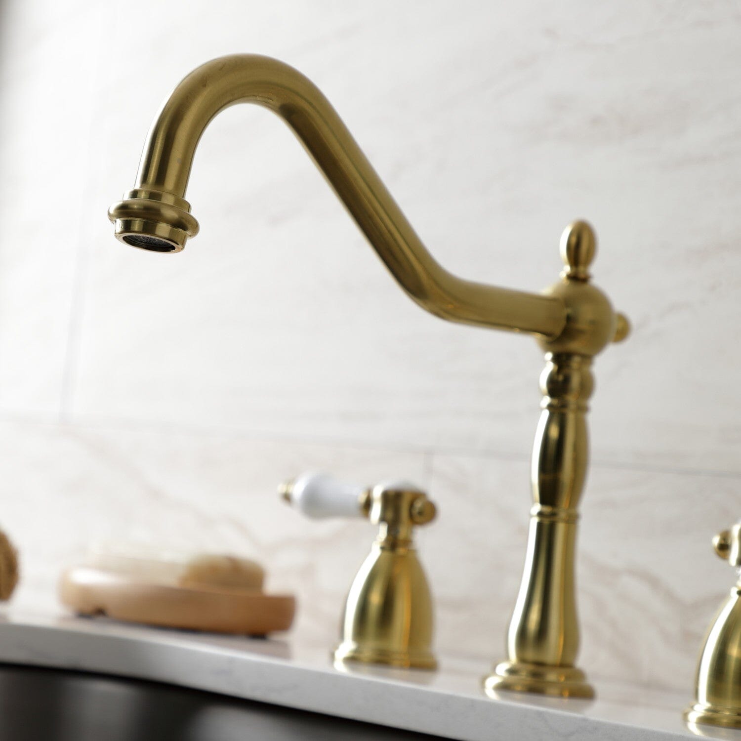 Bel Air Double Handle Widespread Kitchen Faucet with Brass Sprayer - Premium Brushed Nickel Finish for Modern Kitchens, Ideal for Cooking, Washing Dishes & Food Prep