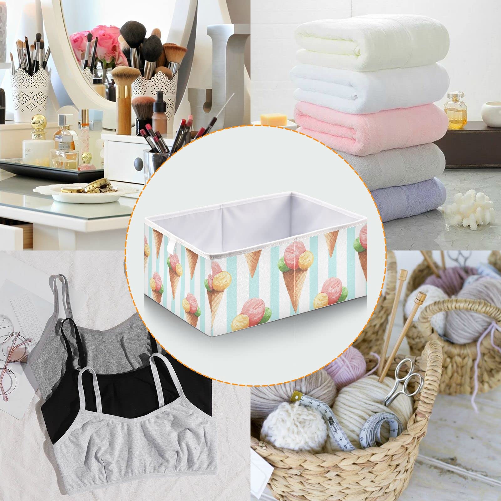 Collapsible Rectangular Storage Basket for Ice Cream, Toys & Nursery Organization - Foldable Bin Box for Living Room, Bedroom & Kids Room Storage Solutions