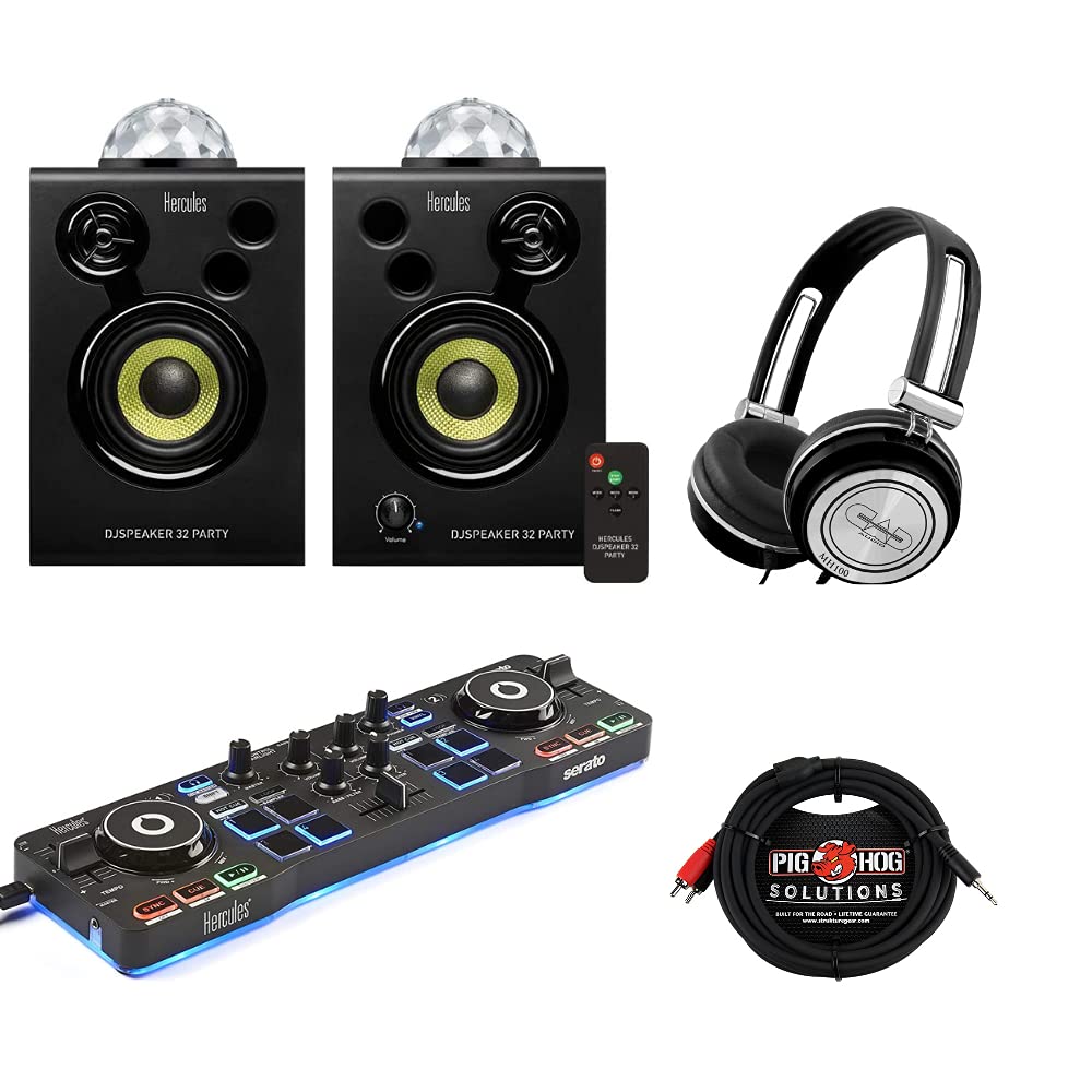 Professional DJ Equipment Bundle - Hercules DJSpeaker 32 Party, DJControl Starlight Controller, CAD MH100 Studio Headphones & Pig Hog Stereo Breakout Cable | Complete DJ Setup for Home Parties, Clubs & Live Performances