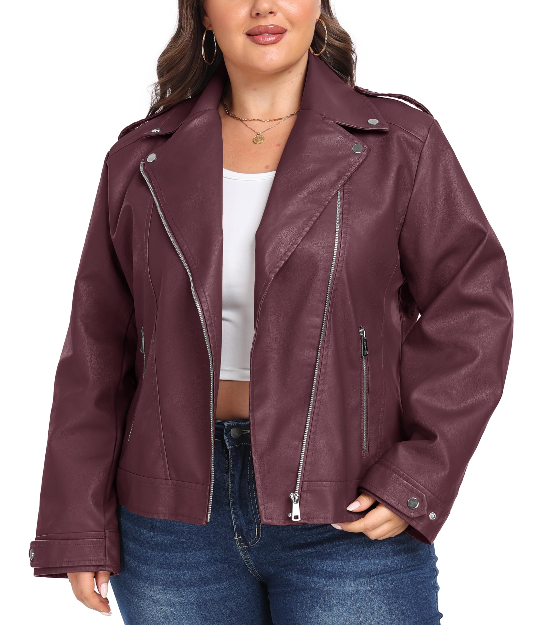 Wantdo Women's Plus Size Faux Leather Jacket - Lapel Collar Moto Biker Short Coat for Casual Outfits & Night Out | Stylish Outerwear for Fall & Winter Fashion