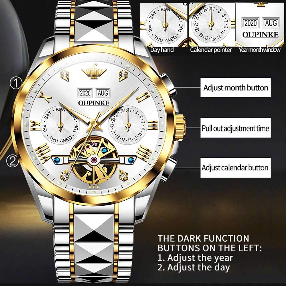 OUPINKE Automatic Skeleton Watch for Men - Self-Winding Mechanical Watch with Hollow Design, Sapphire Crystal, 50M Waterproof & Tungsten Steel Case - Perfect for Business, Formal Events & Everyday Wear