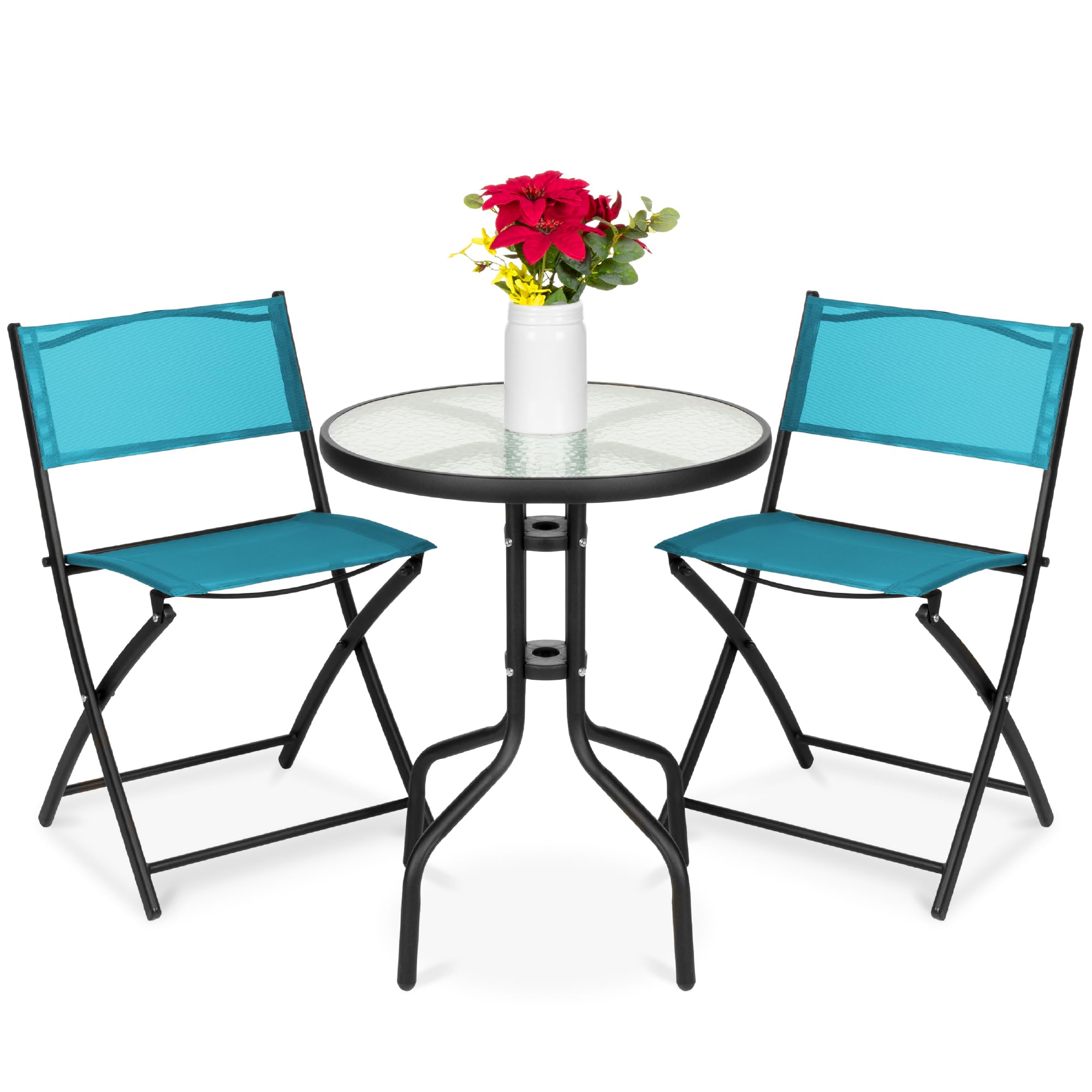 Best Choice Products 3-Piece Patio Bistro Set with Textured Glass Tabletop & 2 Steel Folding Chairs - Peacock Green Outdoor Dining Furniture for Garden, Balcony, or Backyard Relaxation