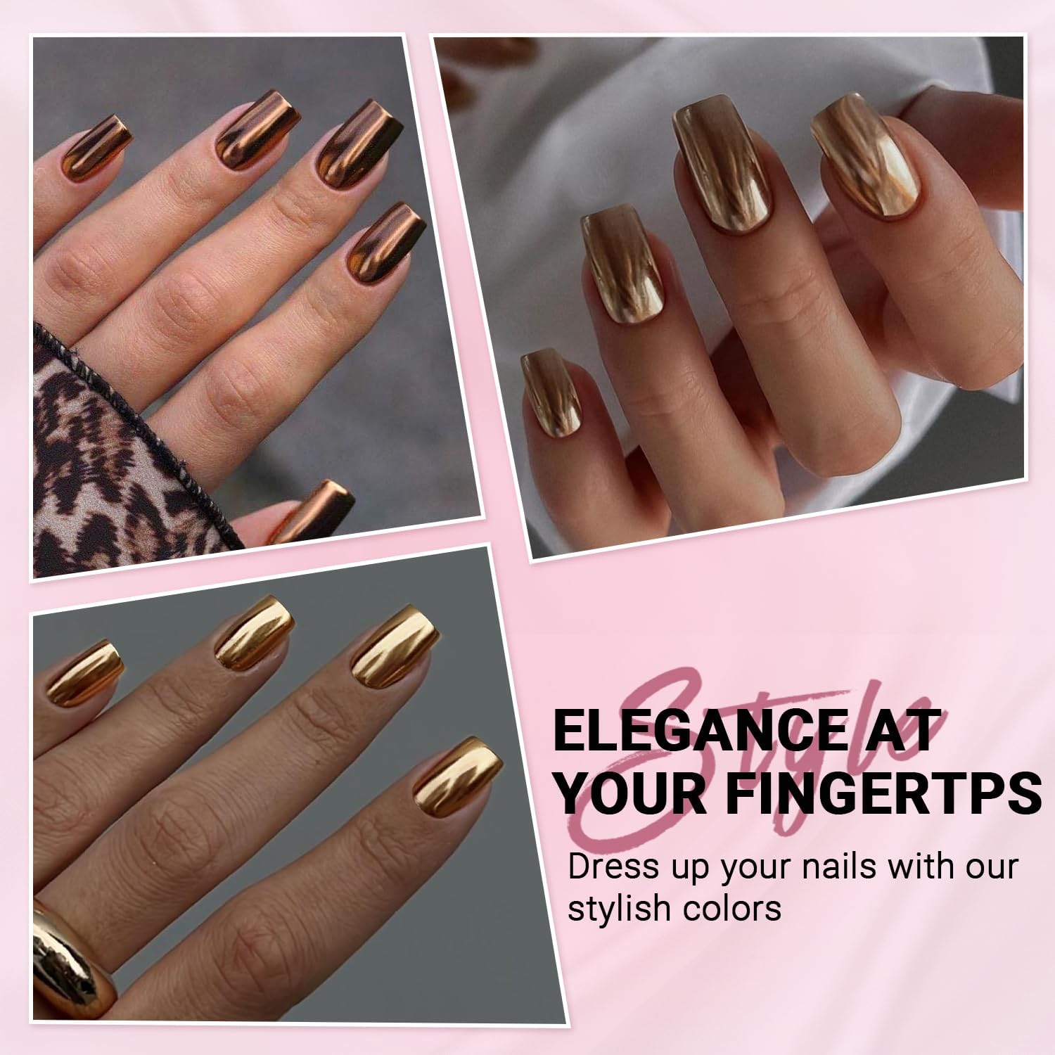 6 Packs Chrome Press On Nails Short & Medium - KQueenest Acrylic Fake Nails Square Shape with Metallic Glitter - 144 Pcs Stick On Nails for Women - Perfect for Parties, Weddings & Special Occasions