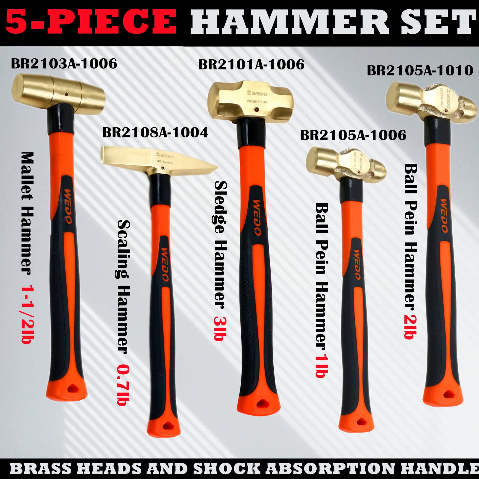 WEDO 5-Piece Hammer Set - 3lb Sledge Hammer, 1.5lb Drum Hammer, 1lb & 2lb Ball Pein Hammer, 0.7lb Scaling Hammer with Durable Fiberglass Handle - Perfect for Construction, Woodworking, Metalworking, and DIY Home Projects