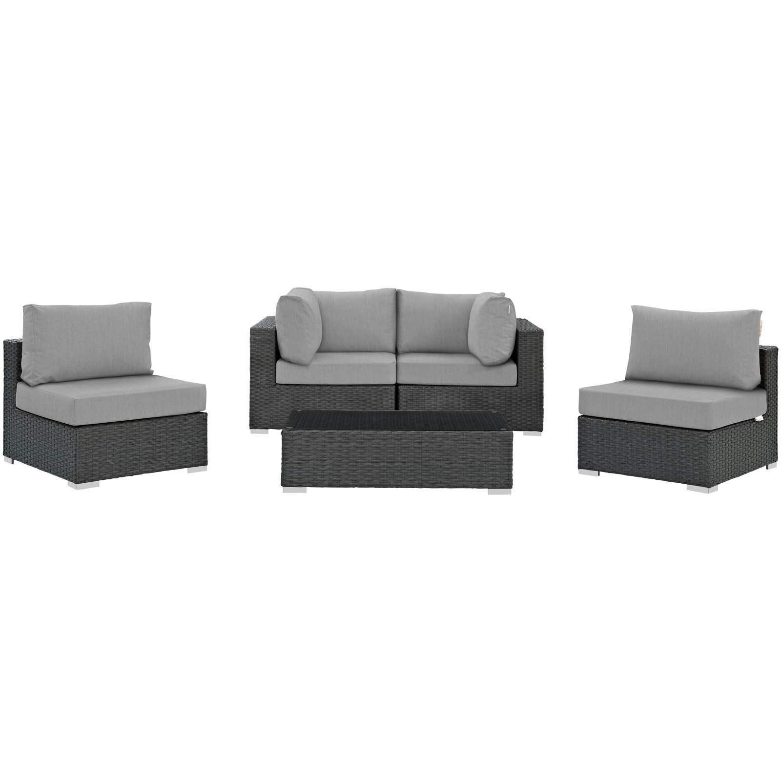 Modway Sojourn 5-Piece Outdoor Patio Sectional Set - Wicker Rattan Furniture with Sunbrella Canvas Gray Cushions for Garden, Poolside & Backyard Relaxation