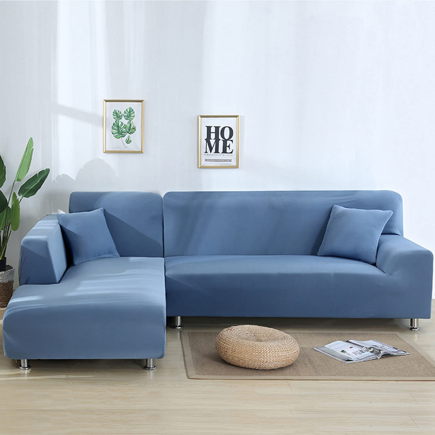 YOPOIY Non-Slip Milk Silk Sofa Slipcovers - Soft L-Shaped Sectional Couch Covers, Modern Solid Color Furniture Protector for Living Room (Blue, 2-4 Seater + 4 Seater) | Perfect for Home Decor, Family Gatherings & Pet Protection