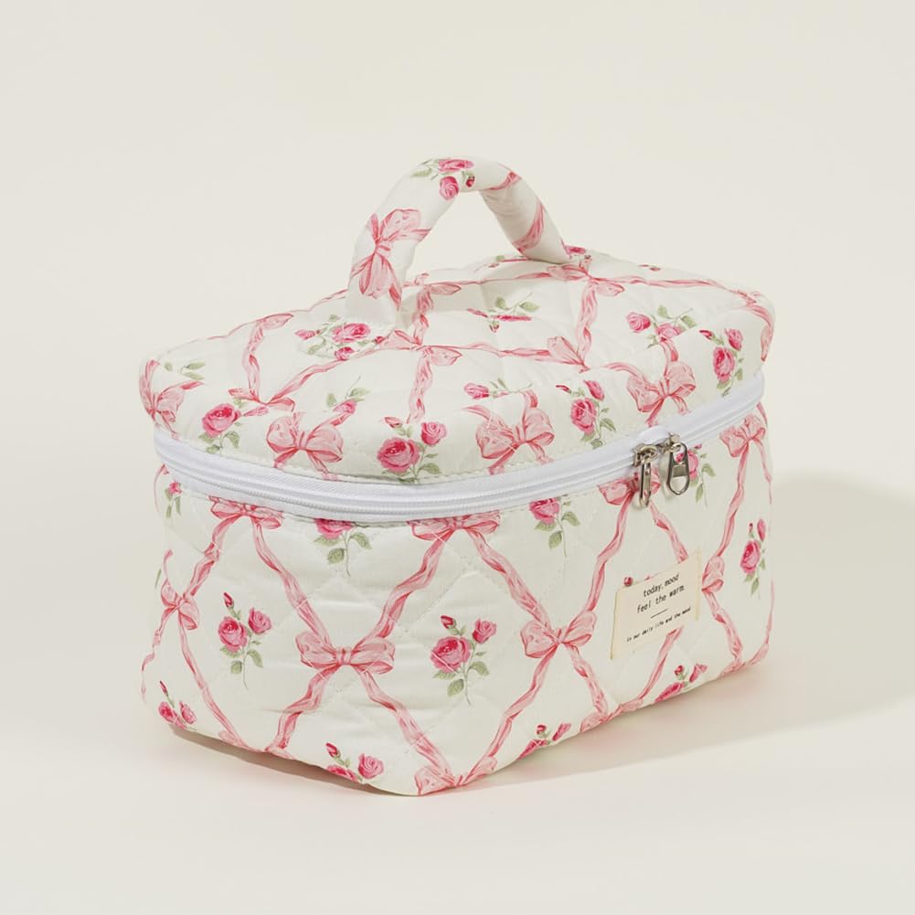 Floral Cotton Makeup Bag - Quilted Cosmetic Pouch for Travel & Storage