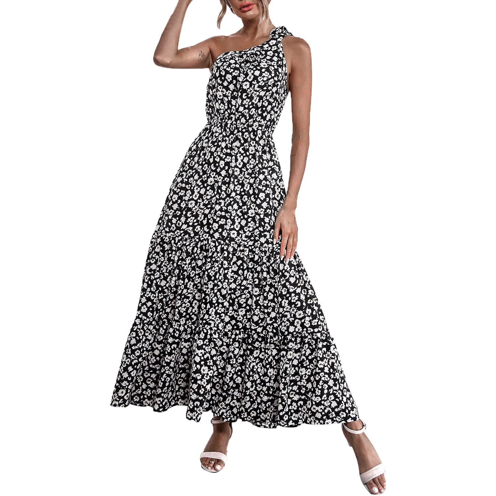 Women's Floral Summer Dress - Sleeveless One Shoulder Bohemian Maxi Dress with Ruffled Knot Detail | Perfect for Beach Vacations, Date Nights & Summer Parties