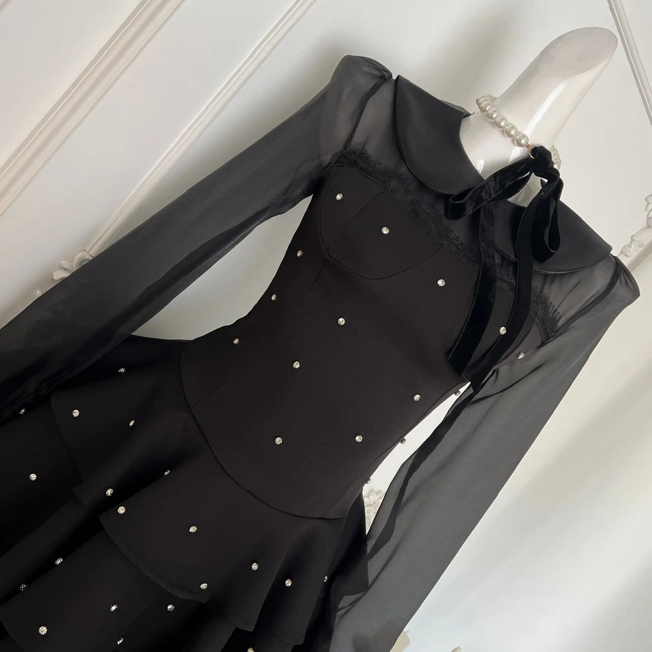 Vintage Black Polka Dot Elegant Long Sleeve Mini Dress for Women - French Inspired Pleated Party Dress for Evening Events, Date Nights & Fall Festivals