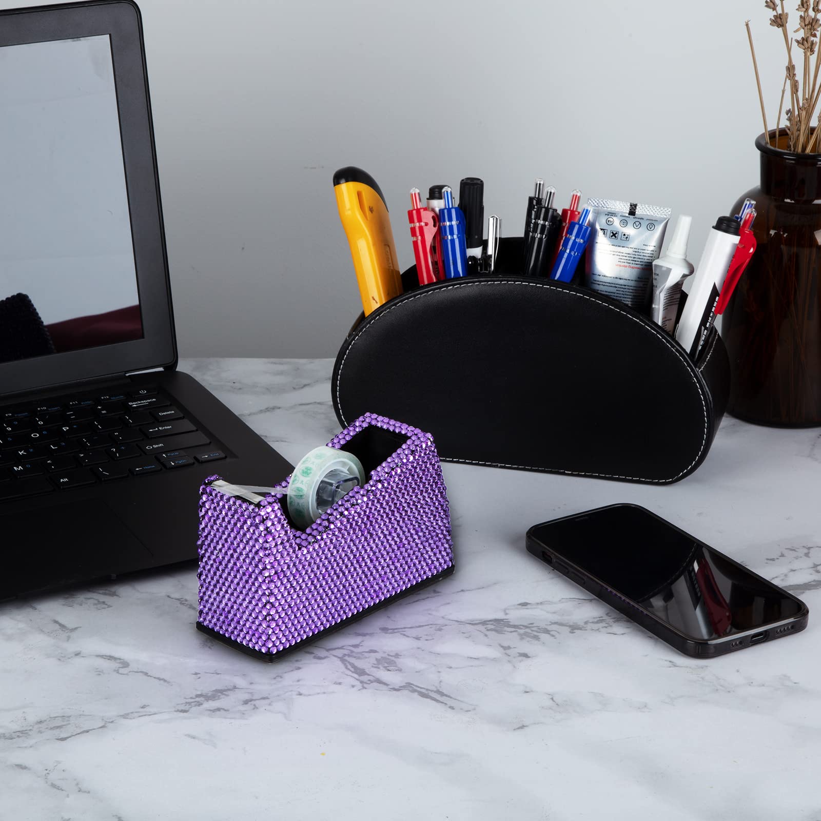 Elegant Purple Crystal Handmade Desktop Tape Dispenser & Stapler Set - Perfect for Office, School, and Home Organization