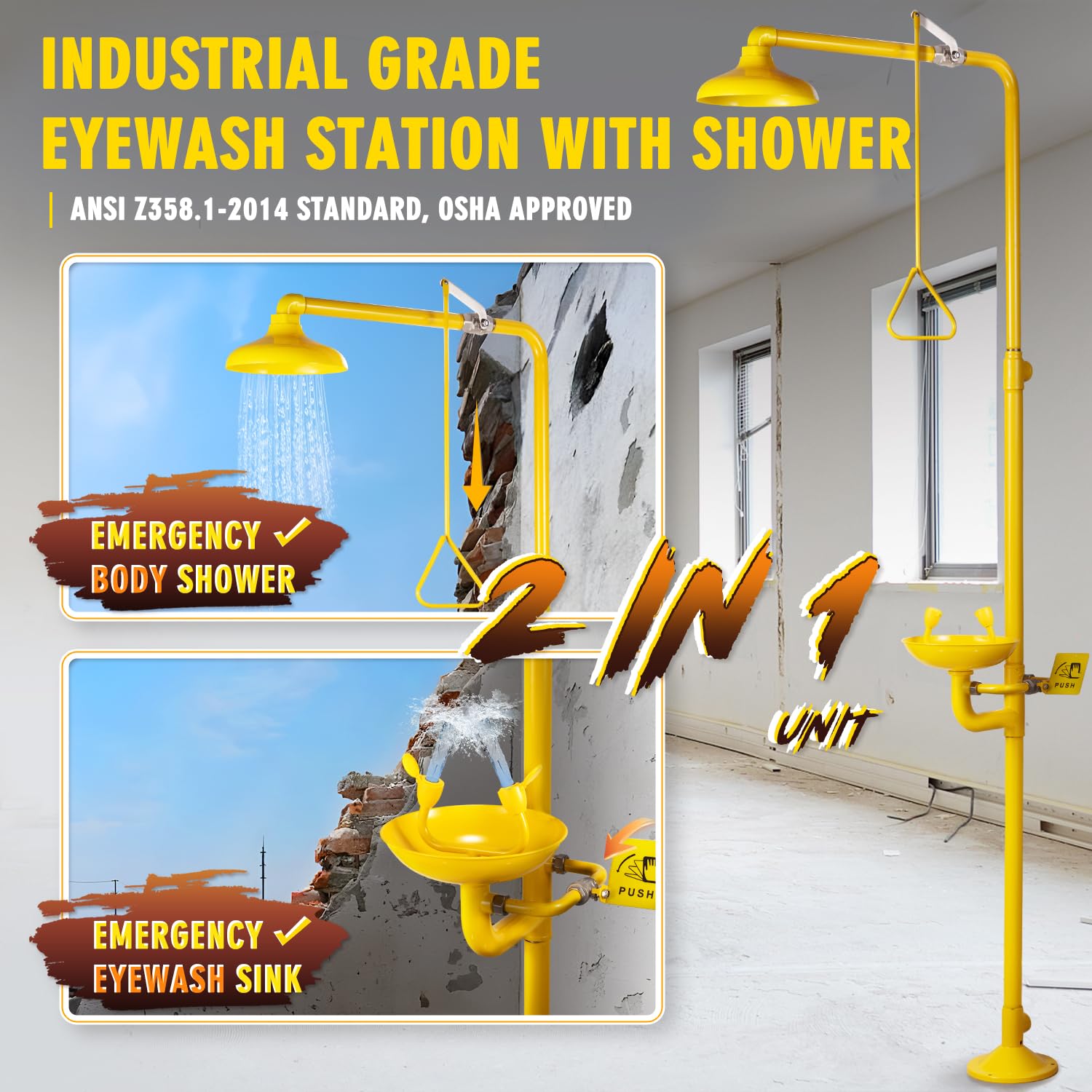 CGOLDENWALL Emergency Shower & Eye Wash Station Combo - 304 Stainless Steel with Yellow Coating, NPT Thread & Safety Sign - Ideal for Laboratories, Factories & Chemical Plants