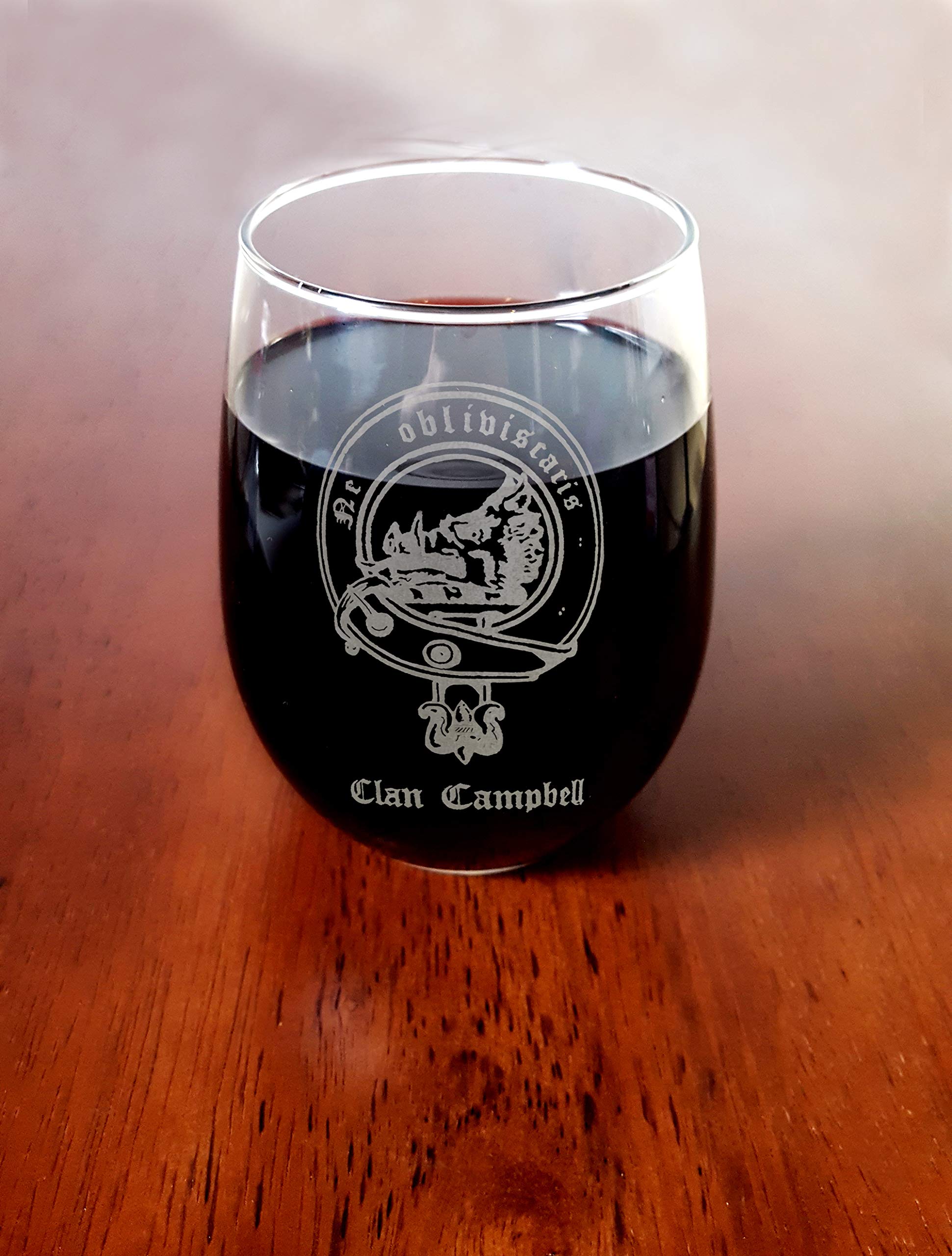 Campbell Scottish Clan Crest Stemless Wine Glasses 18oz Set of 4 - Personalized Engraving & Clan Badge - Perfect for Scottish Heritage Celebrations, Weddings, and Gift Giving