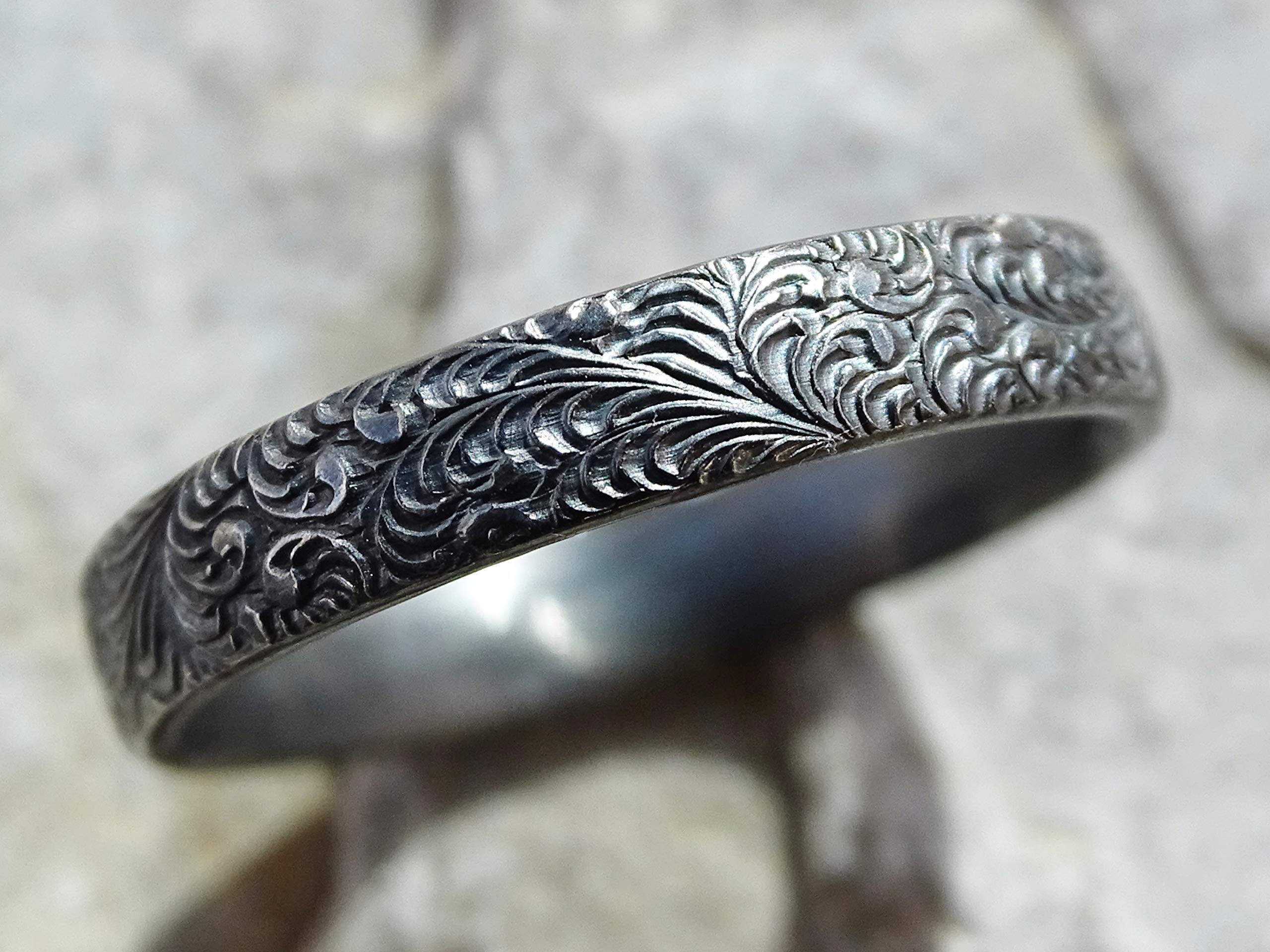 Intricate Pattern Silver Ring for Women - Black Eternity Stacking Ring, Wedding Band, Scroll Design - Unique Gift for Her - Perfect for Anniversaries, Engagements & Everyday Wear