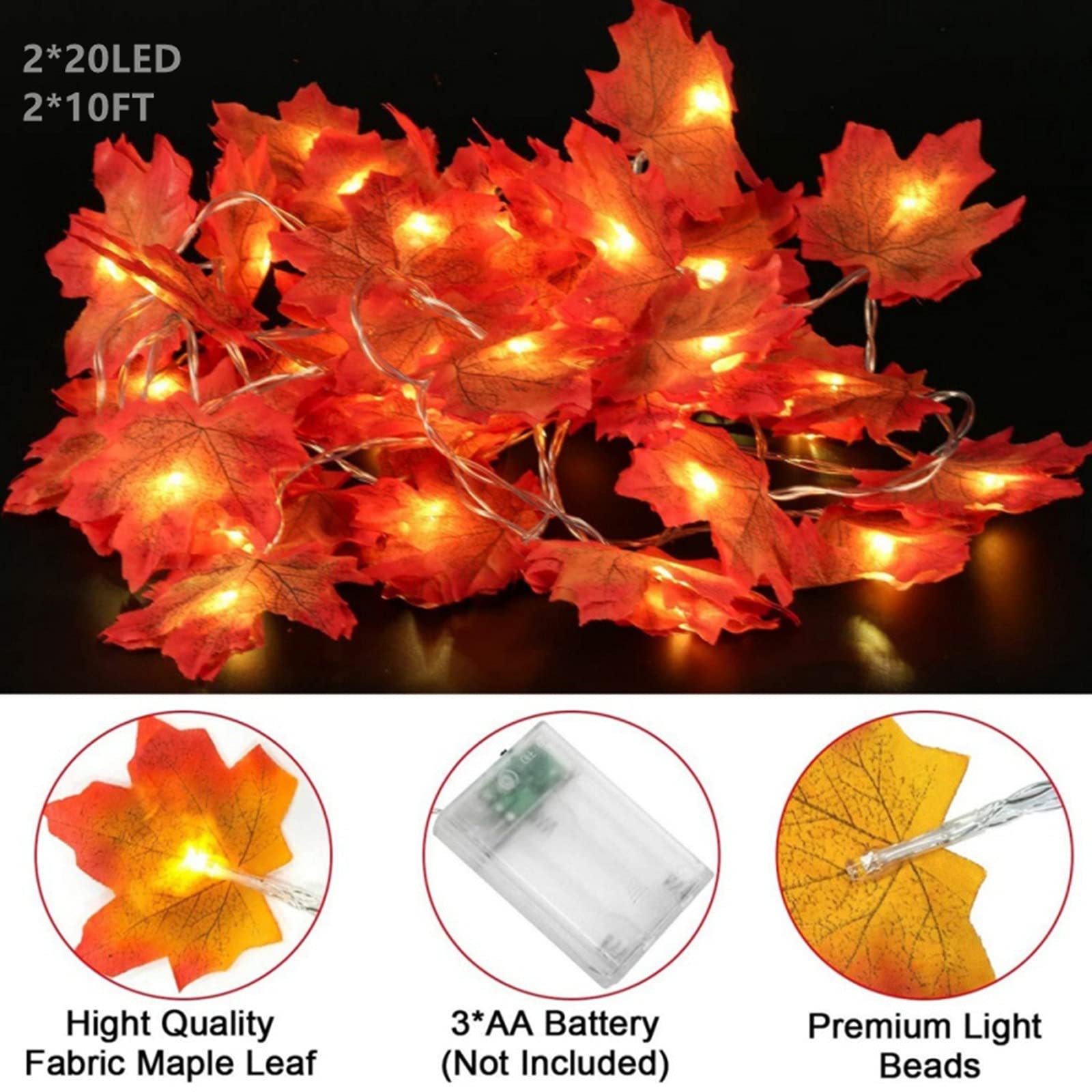 20 Ft Fall Garland with Lights - 2-Pack Battery Operated Maple Leaf String Lights (40 LEDs) for Thanksgiving, Christmas, Autumn Decor - Indoor & Outdoor Home, Party, Porch, Mantel Decoration