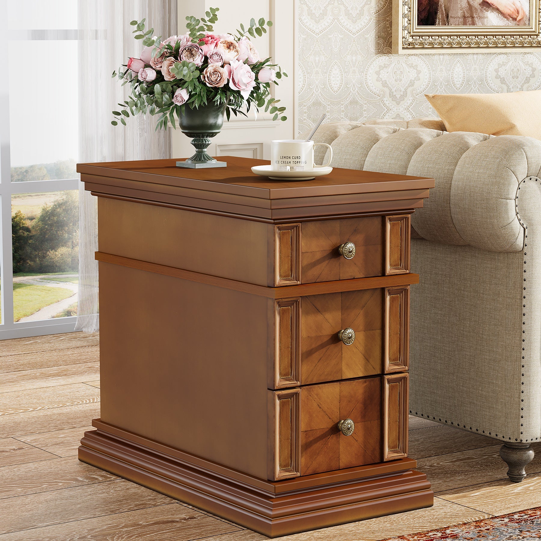 Modern Wooden End Table with 3 Drawers - Nightstand, Sofa Side Table for Living Room, Bedroom - Perfect for Small Spaces & Home Decor