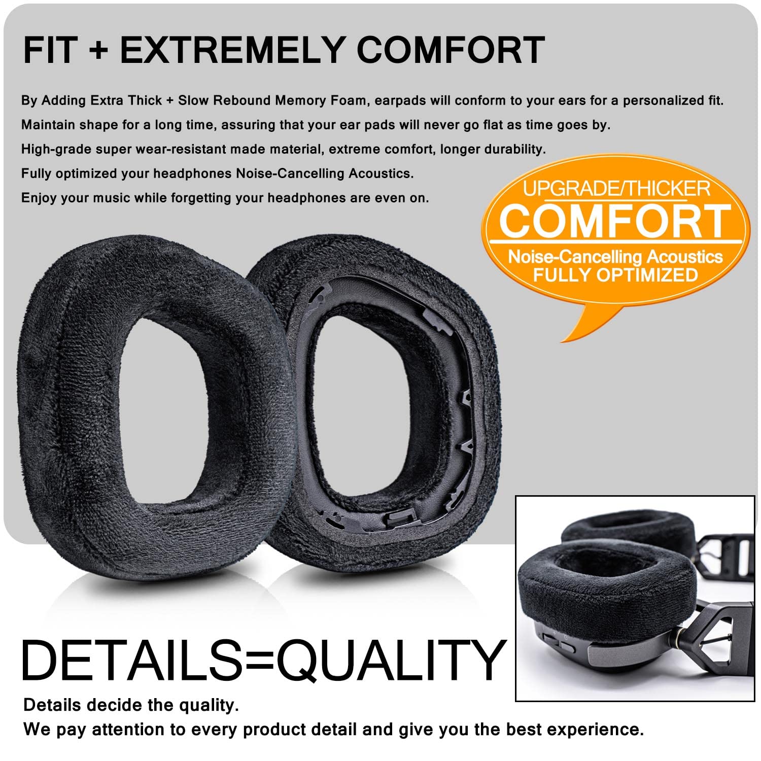 HS80 RGB Wireless Headset Replacement Ear Pads - Black Velour Memory Foam Ear Cushions for Comfort & Noise Isolation - Perfect for Gaming, Music & Long Wear Sessions
