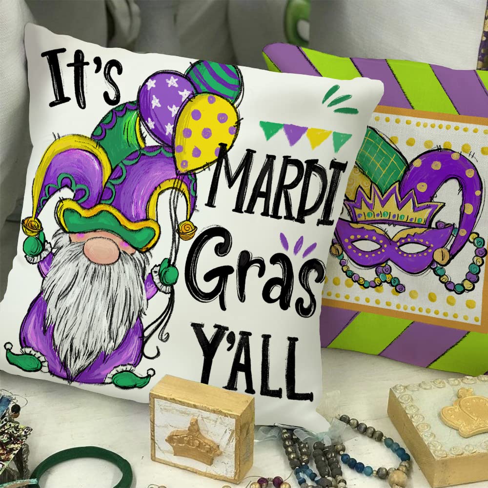 GEEORY Mardi Gras Pillow Covers 18x18 Inch Set of 4 - Decorative Throw Pillow Cases with Beads, Fleur De Lis & Gnome Designs for Home Decor, Sofa, Bed, Party - Happy Mardi Gras Celebration Accessories