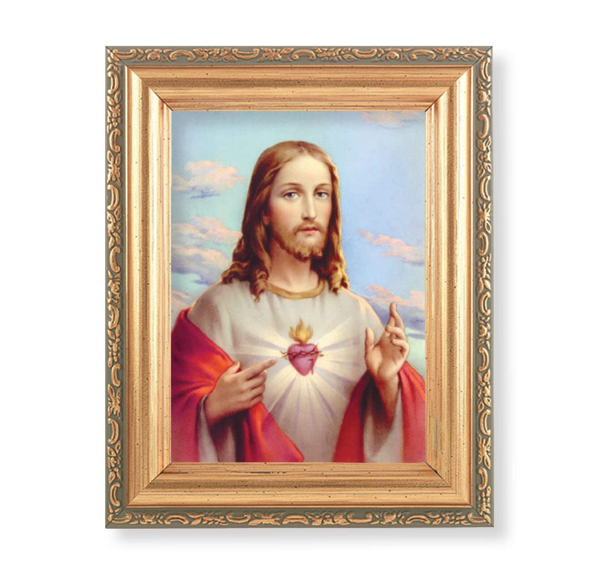 Antique Gold-Leaf Sacred Heart of Jesus Framed Wall Art - Small Religious Home Decor with Acanthus-Leaf Edging | Perfect for Church, Prayer Room & Catholic Gift