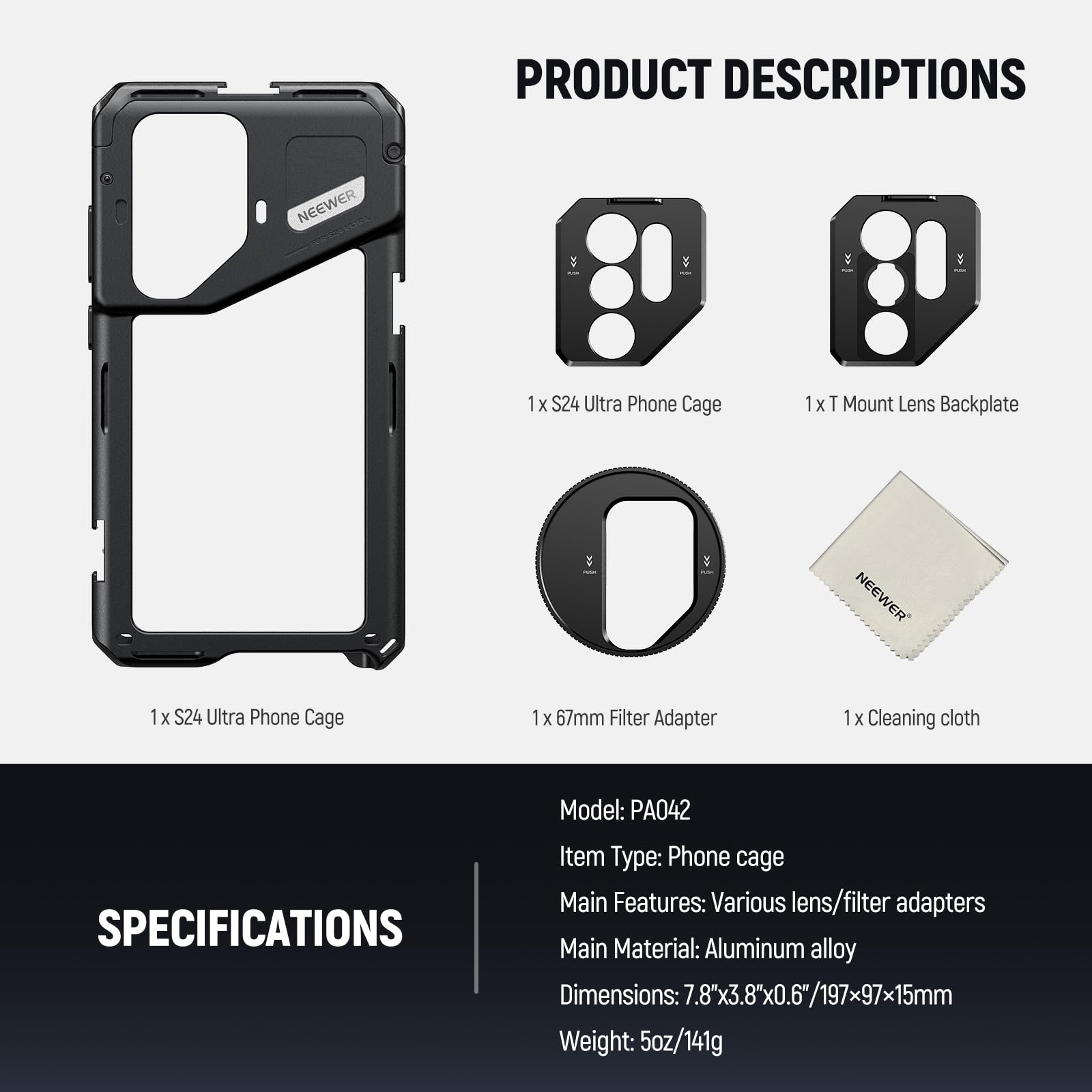 Neewer S24 Ultra Phone Cage with 67mm Filter Adapter - 17mm Lens Backplate & T Mount Adapter - Smartphone Video Rig Stabilizer for Samsung Moment T Series Lenses - Includes Cleaning Cloth - Perfect for Vlogging, Filmmaking & Mobile Photography (Model: PA042)