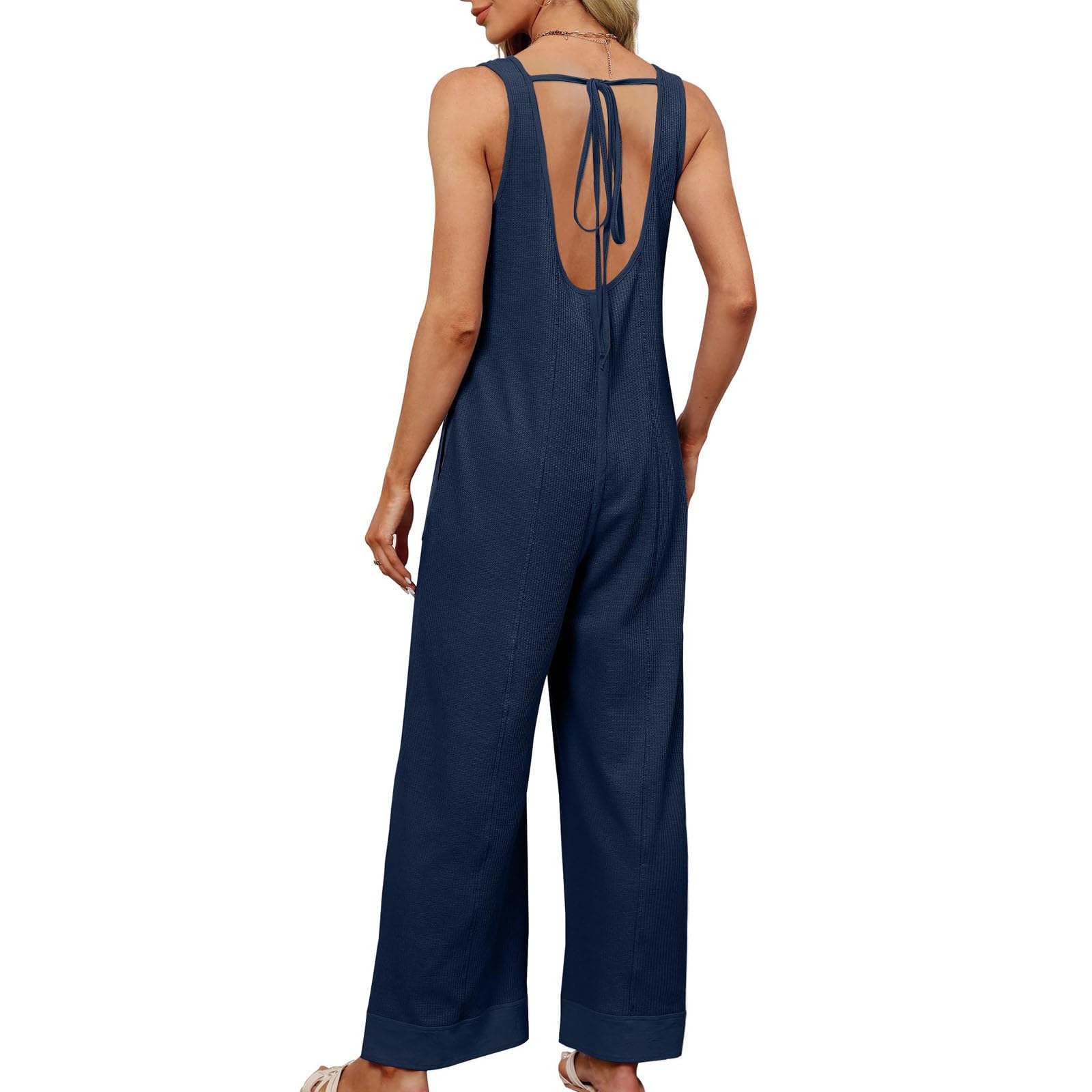 Women's Waffle-Knit Jumpsuit with Pockets - Loose Fit Backless Tie Romper Wide Leg Bib Overalls for Summer | Casual Outfit, Beach Wear, Vacation Style