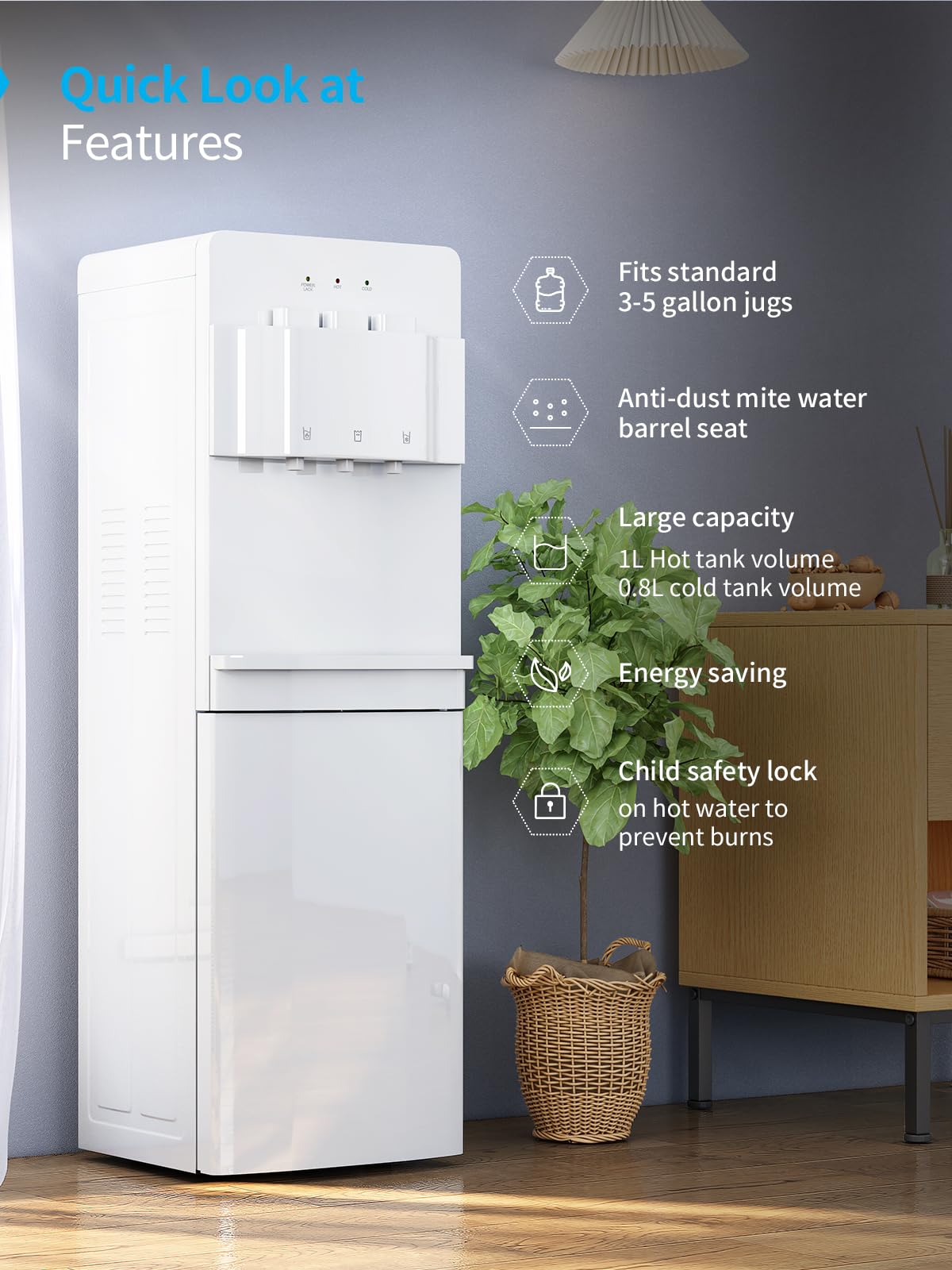 TABU Bottom Loading Water Cooler Dispenser with Hot, Cold & Room Temperature Water - Child Safety Lock, Anti-Scalding Design for 3/5 Gallon Bottles (White) - Perfect for Home, Office & Kitchen Use